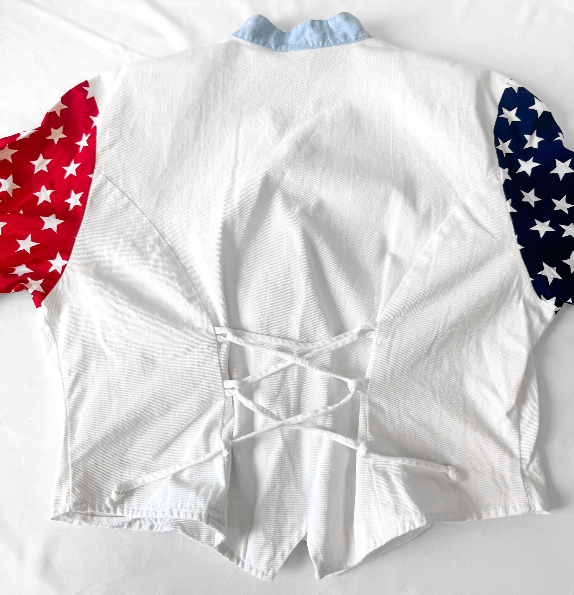 Vintage Americana Western Red White Blue Star Long Sleeve Crop Button Up, Women's Sz. S, Unique Western Patriotic Style Top