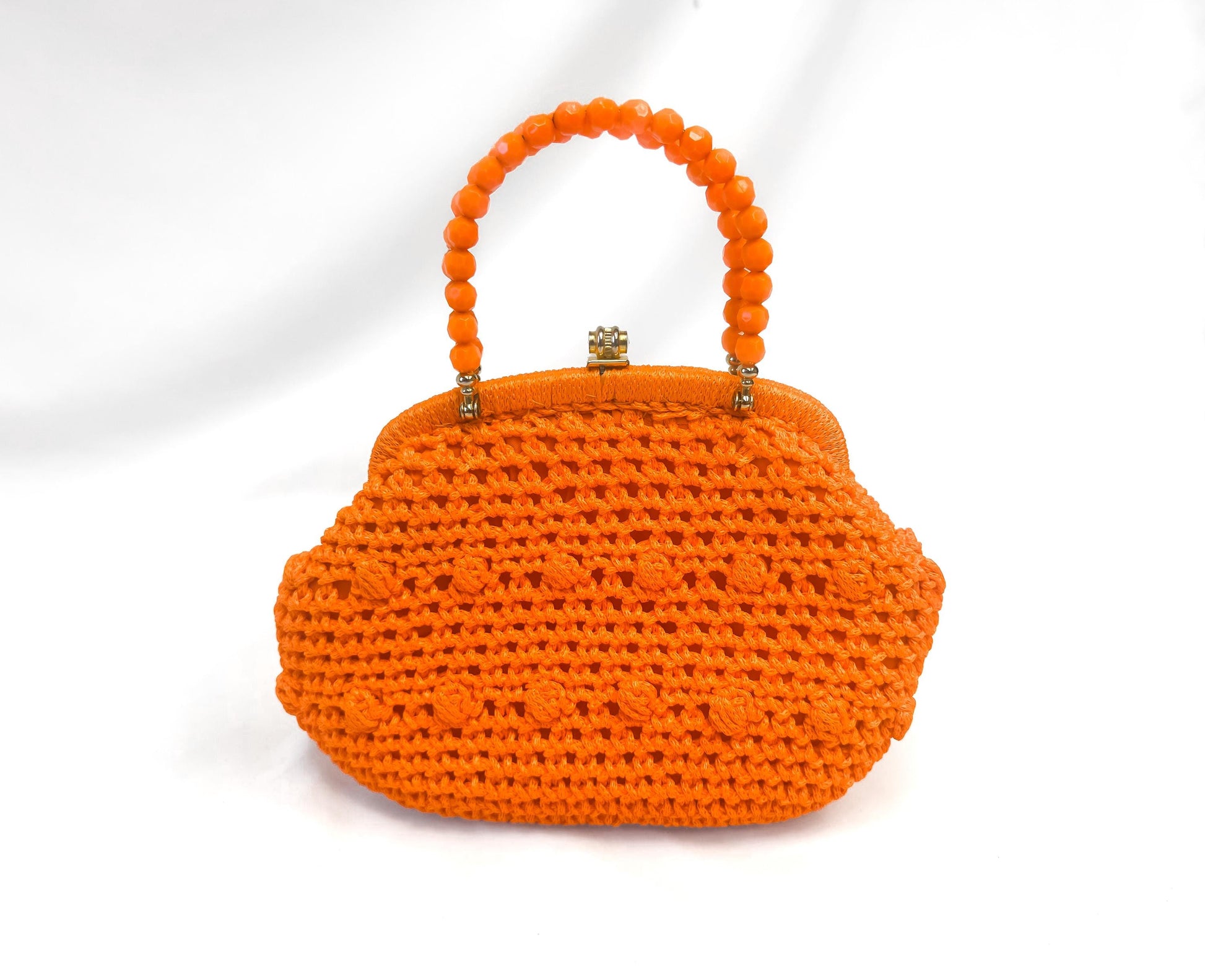 Vintage Bright Orange Crochet Beaded Handle Top Handle Bag, Vintage Boho Whimsy Coquette Handbag