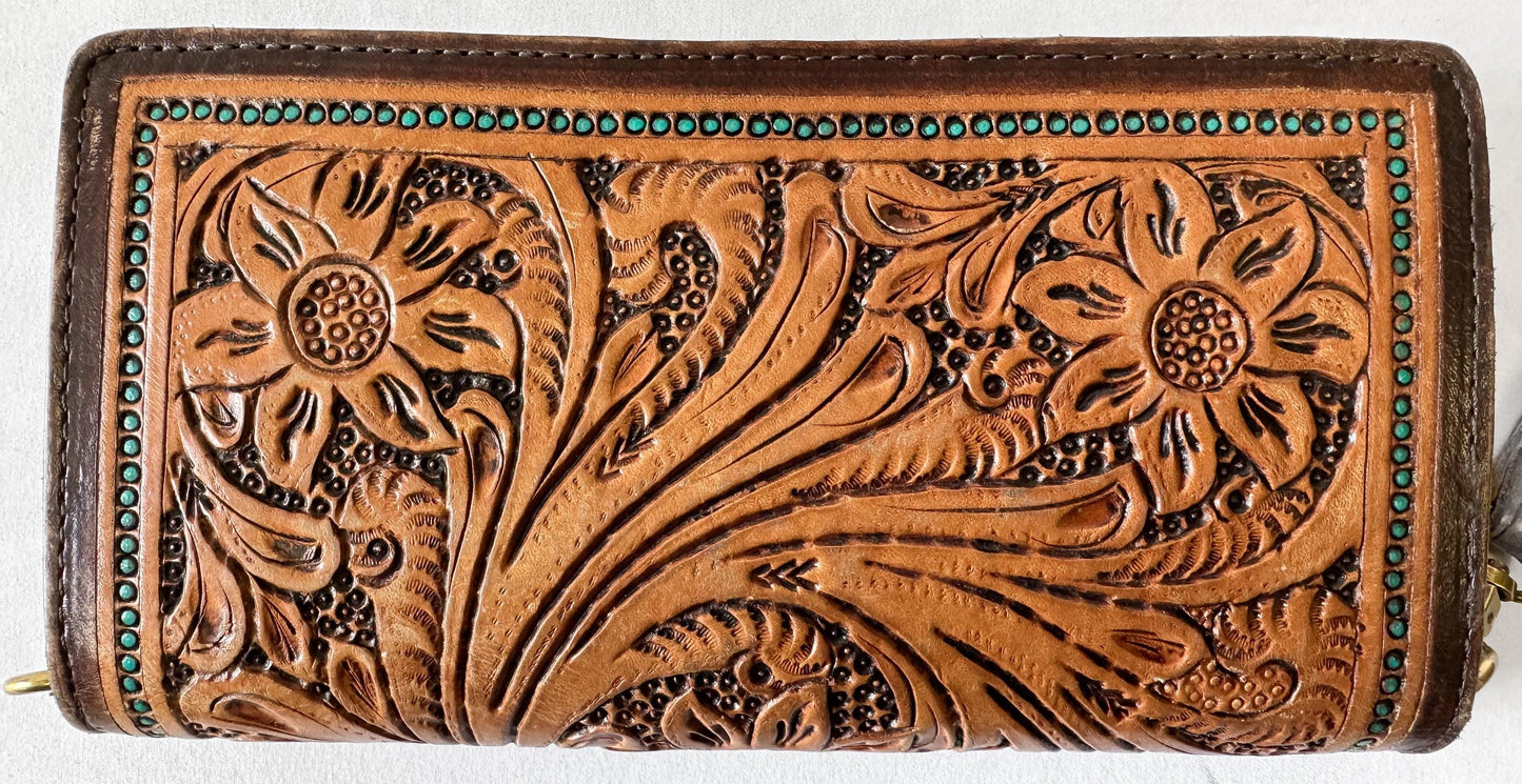 Vintage Style American Darling Floral Tooled Leather Wristlet Wallet, Western Boho Style Accessories