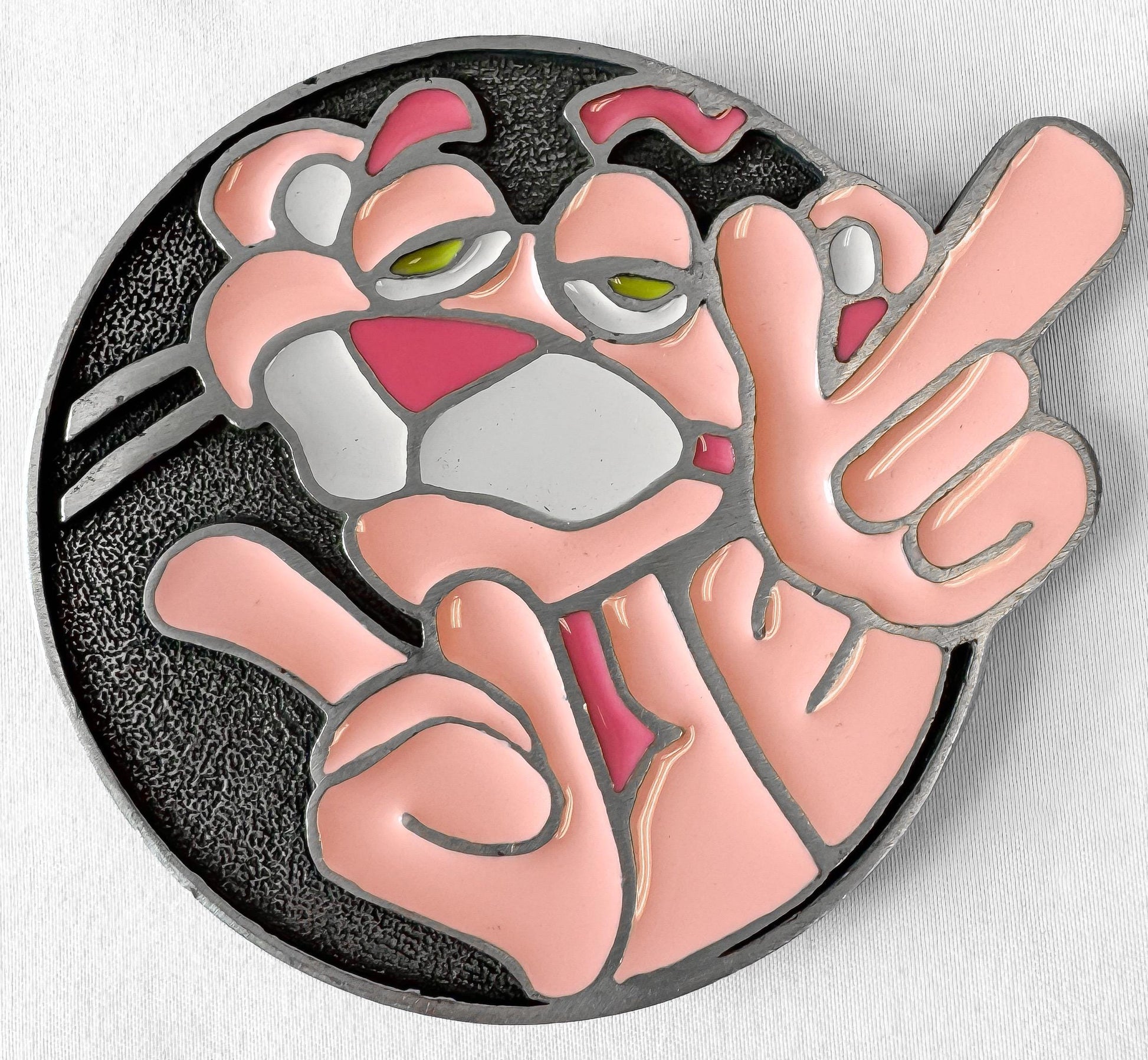 80s/90s Pink Panther Circular Enamel Metal Belt Buckle, Unique Collectors Vintage Cartoon Apparel