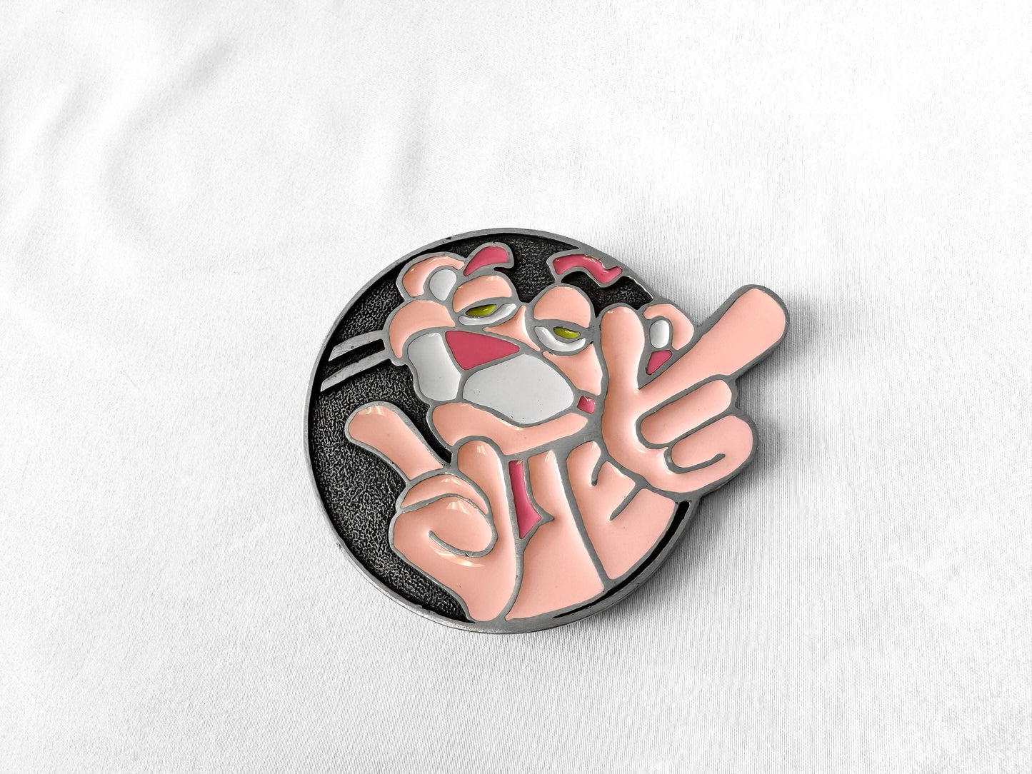 80s/90s Pink Panther Circular Enamel Metal Belt Buckle, Unique Collectors Vintage Cartoon Apparel