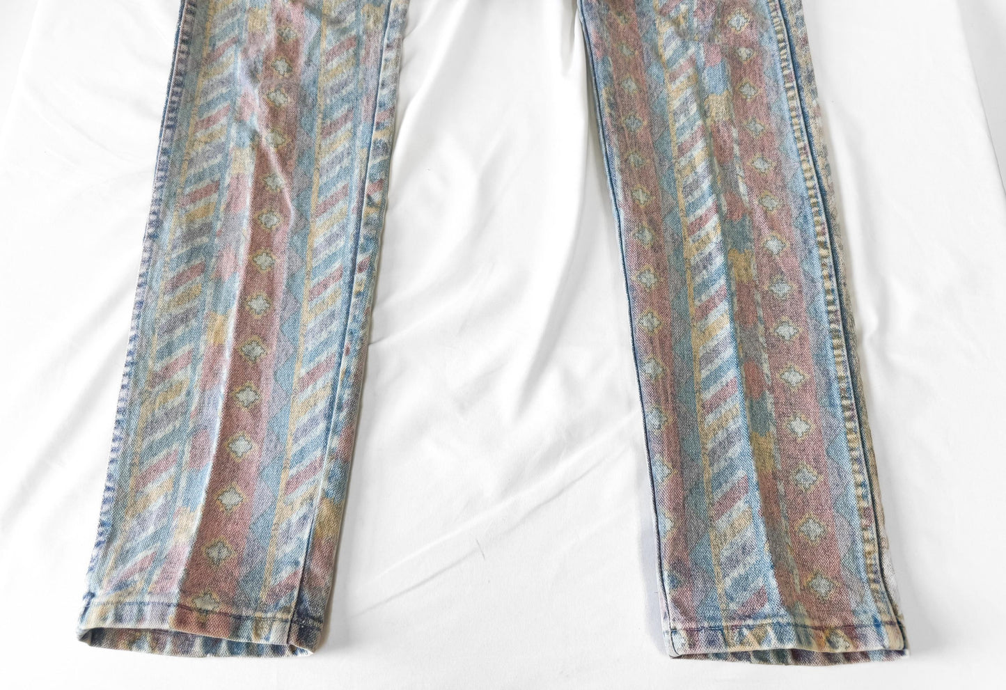 Vintage Wrangler Light Wash Faded Geometric Print Tapered Jeans, Sz. 28" x 34", Unique Retro Western Festival Jeans