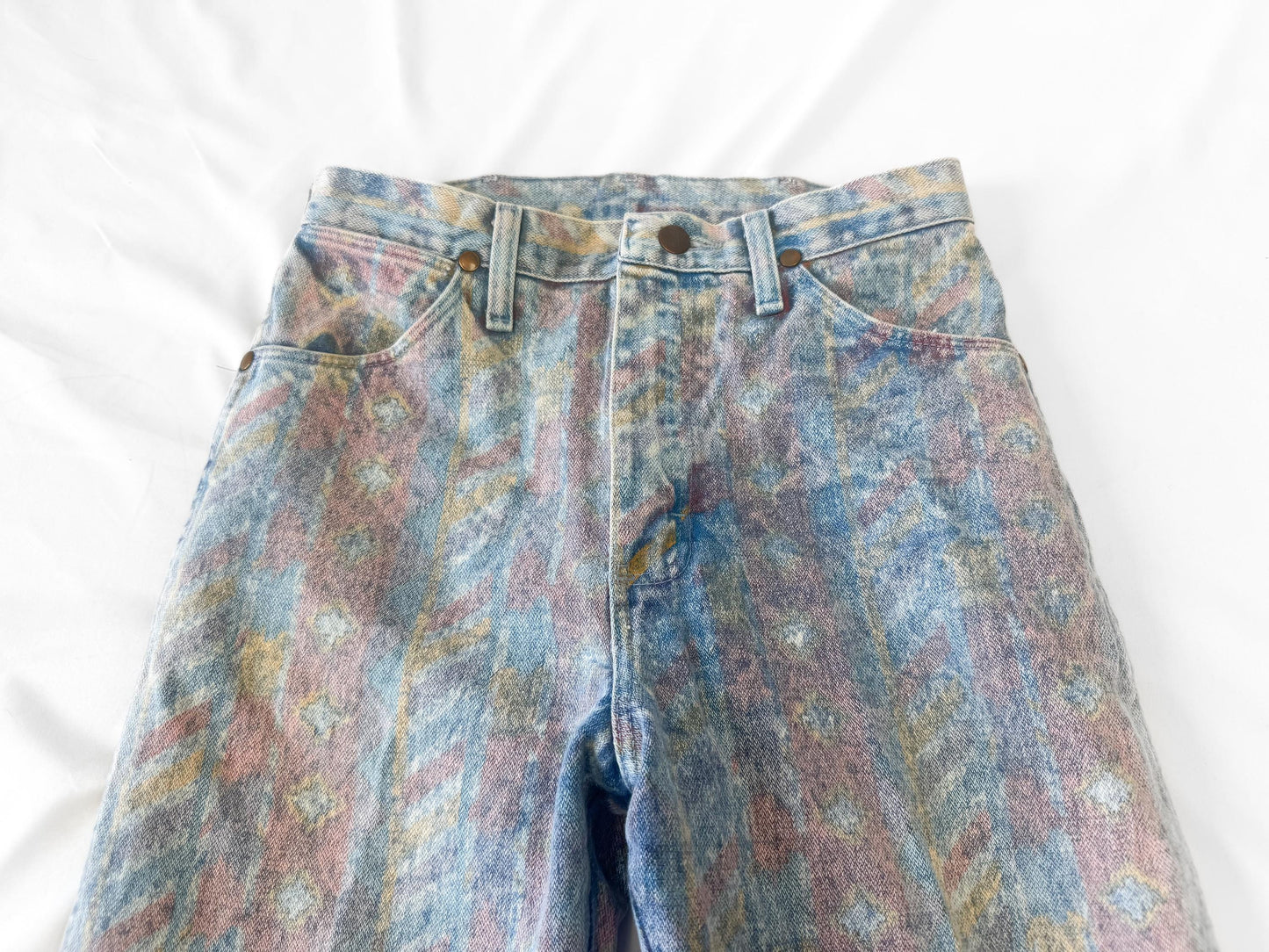 Vintage Wrangler Light Wash Faded Geometric Print Tapered Jeans, Sz. 28" x 34", Unique Retro Western Festival Jeans