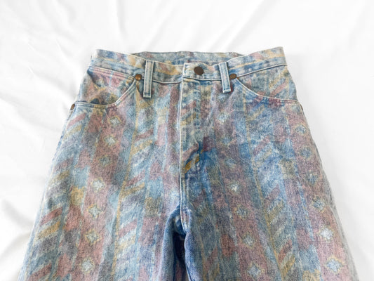 Vintage Wrangler Light Wash Faded Geometric Print Tapered Jeans, Sz. 28" x 34", Unique Retro Western Festival Jeans