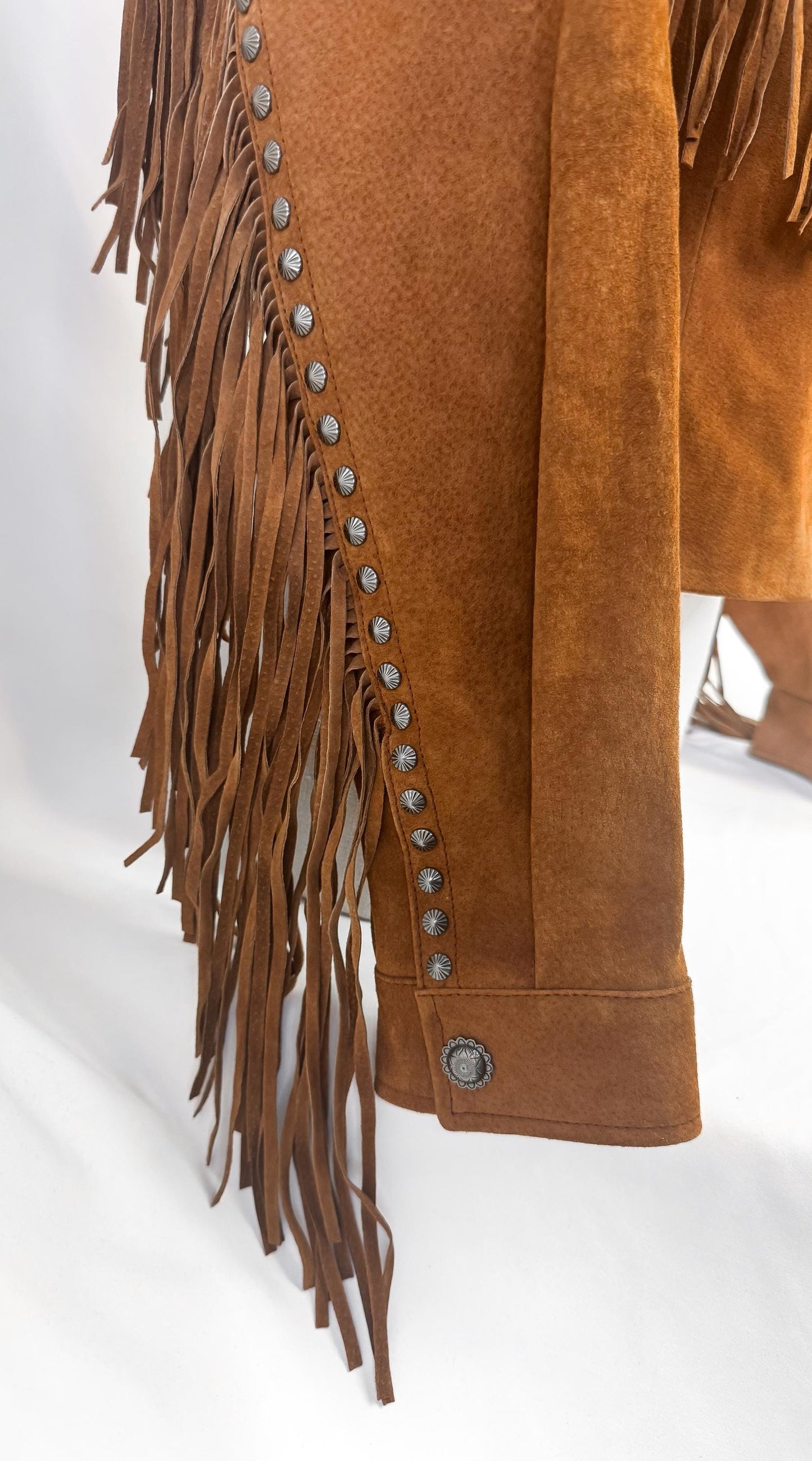 Vintage Cripple Creek Brown Suede Leather Fringe Concho Crop Jacket, Women's Sz. S, Vintage Western Festival Boho Jacket