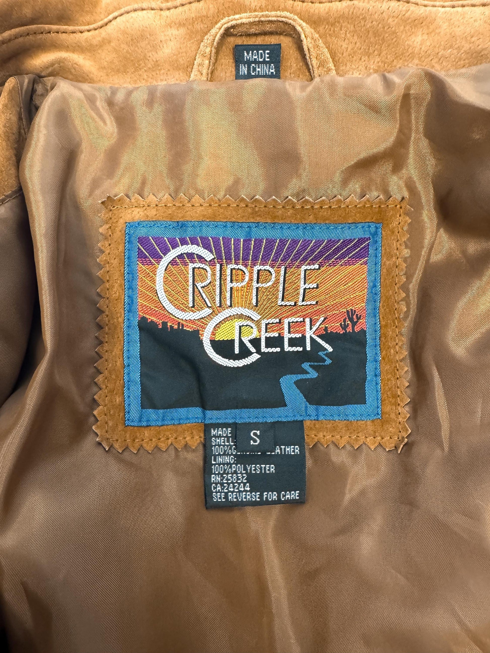 Vintage Cripple Creek Brown Suede Leather Fringe Concho Crop Jacket, Women's Sz. S, Vintage Western Festival Boho Jacket