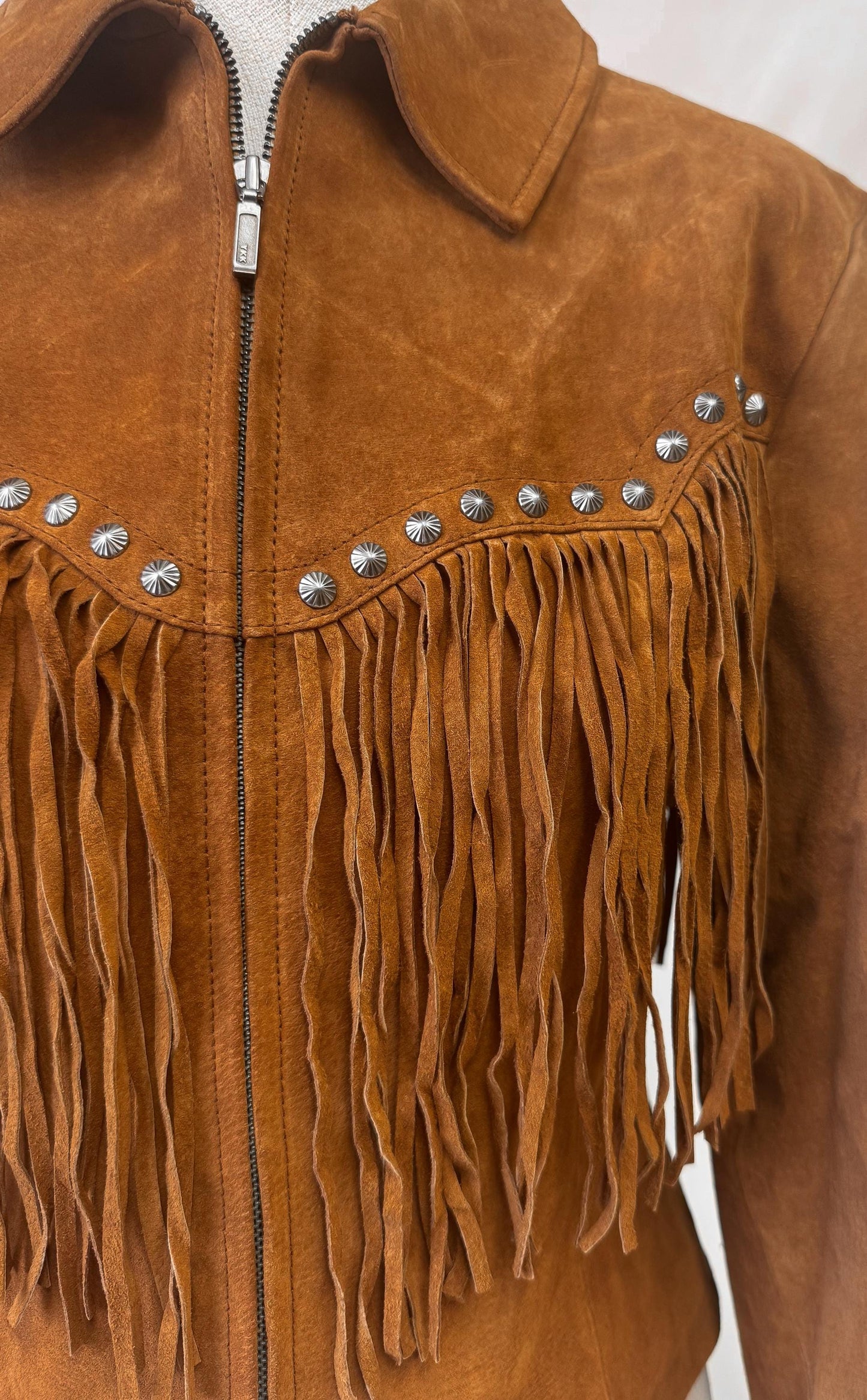 Vintage Cripple Creek Brown Suede Leather Fringe Concho Crop Jacket, Women's Sz. S, Vintage Western Festival Boho Jacket