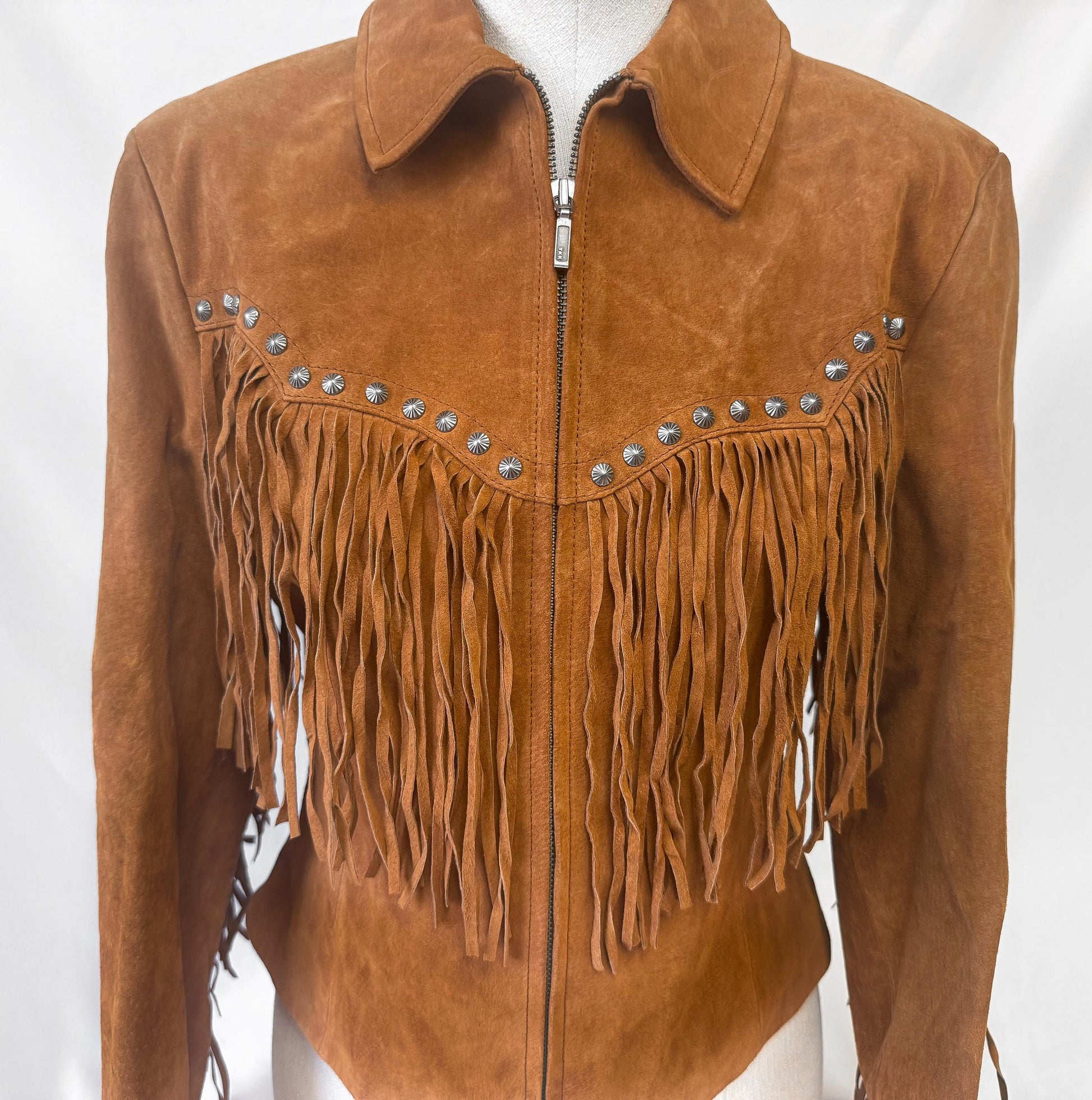 Vintage Cripple Creek Brown Suede Leather Fringe Concho Crop Jacket, Women's Sz. S, Vintage Western Festival Boho Jacket