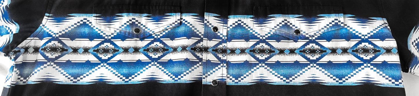 Vintage Roper Black Blue White Aztec Southwest Geometric Print Button Up, Men's Sz. L, Vintage Unisex Western Festival Shirt