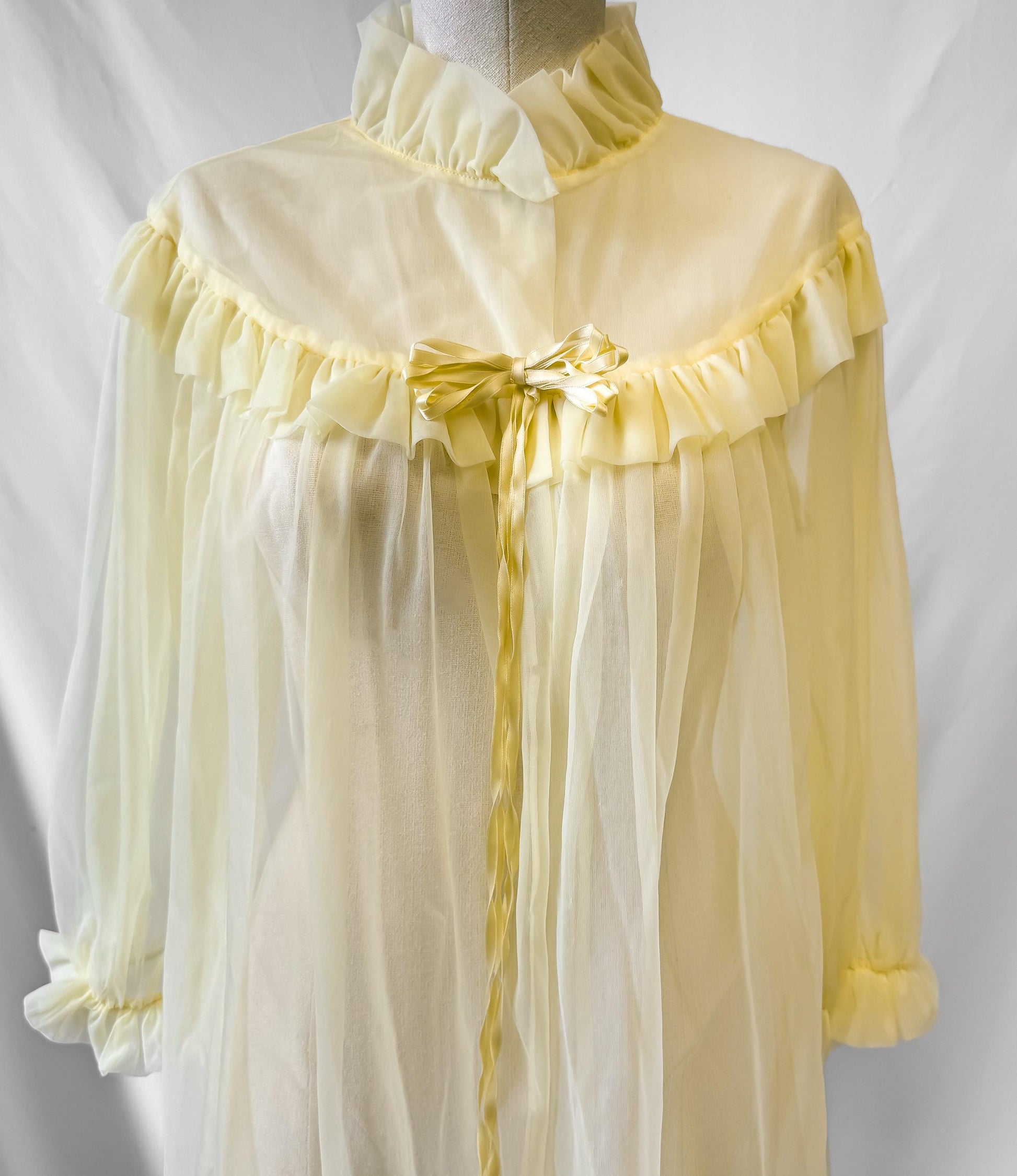 Vintage 60s Light Butter Yellow Ruffled High Neck Bow Detail Peignoir Robe Nightgown, Approx. Sz. S