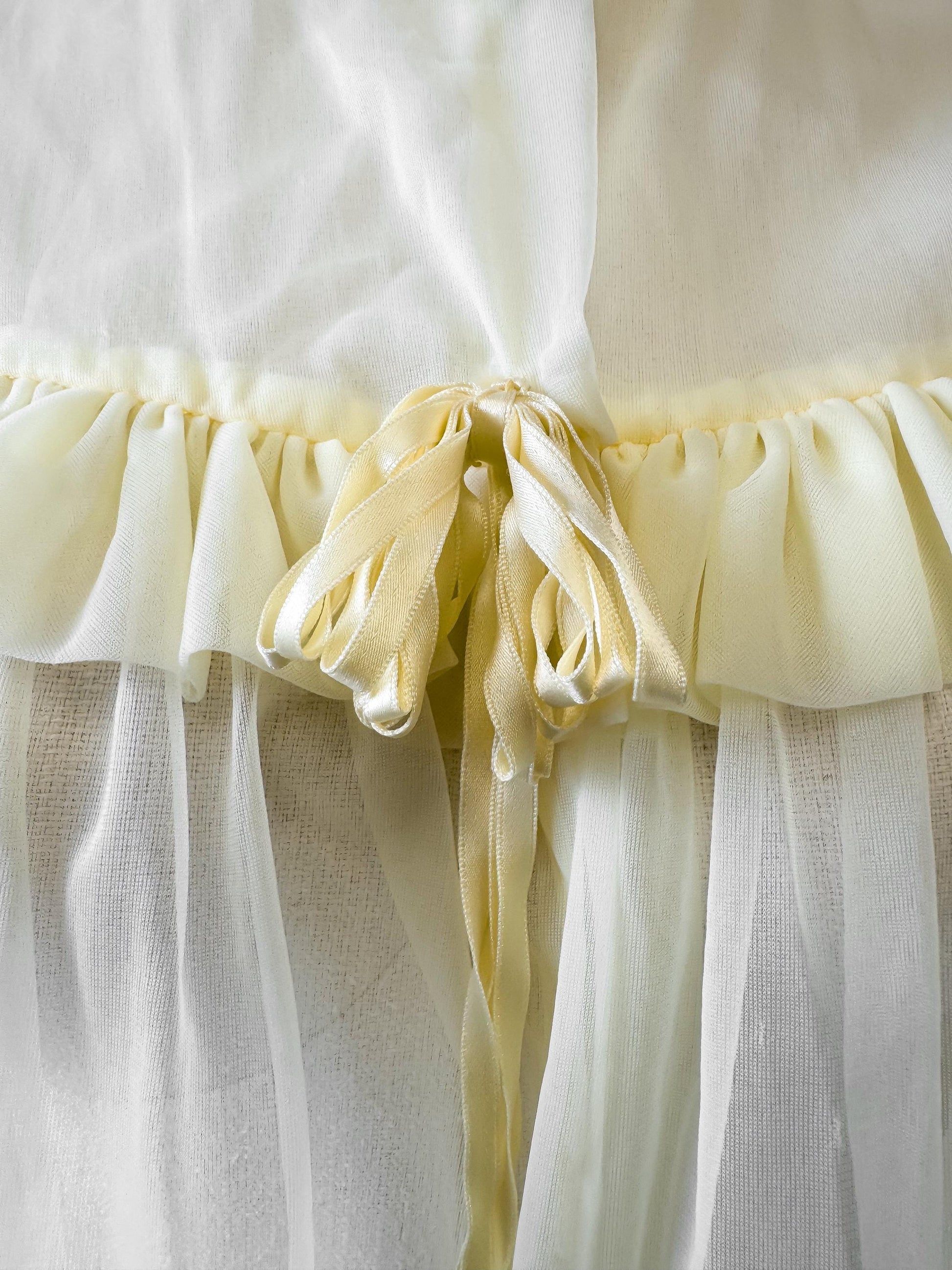 Vintage 60s Light Butter Yellow Ruffled High Neck Bow Detail Peignoir Robe Nightgown, Approx. Sz. S