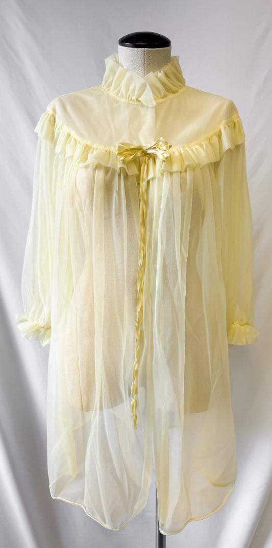 Vintage 60s Light Butter Yellow Ruffled High Neck Bow Detail Peignoir Robe Nightgown, Approx. Sz. S