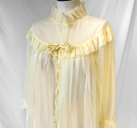 Vintage 60s Light Butter Yellow Ruffled High Neck Bow Detail Peignoir Robe Nightgown, Approx. Sz. S