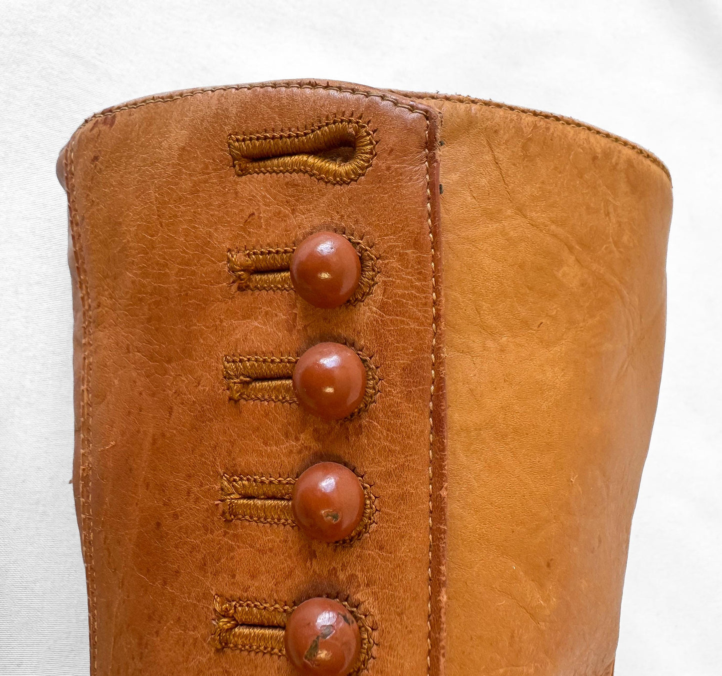 Vintage Victorian Edwardian Brown Tan Leather Button Up Heeled Boots, Approx. Sz. 5/5.5