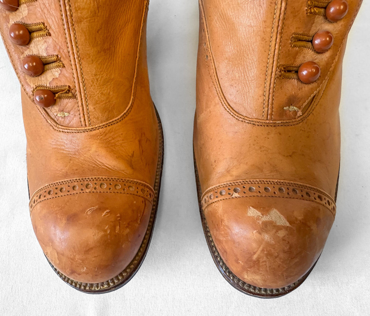 Vintage Victorian Edwardian Brown Tan Leather Button Up Heeled Boots, Approx. Sz. 5/5.5