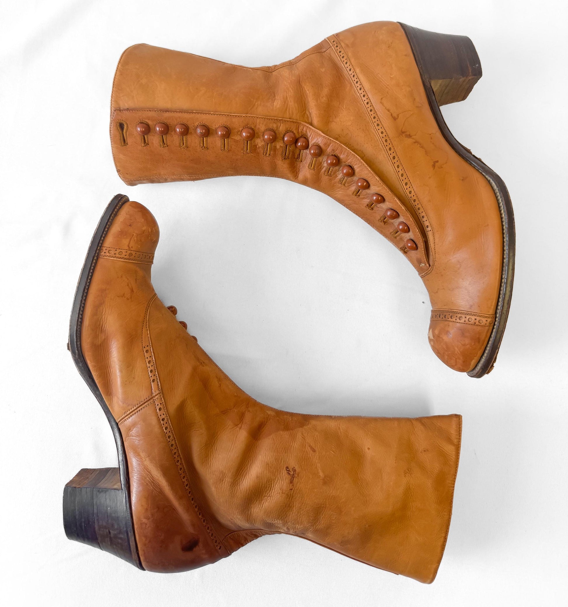 Vintage Victorian Edwardian Brown Tan Leather Button Up Heeled Boots, Approx. Sz. 5/5.5