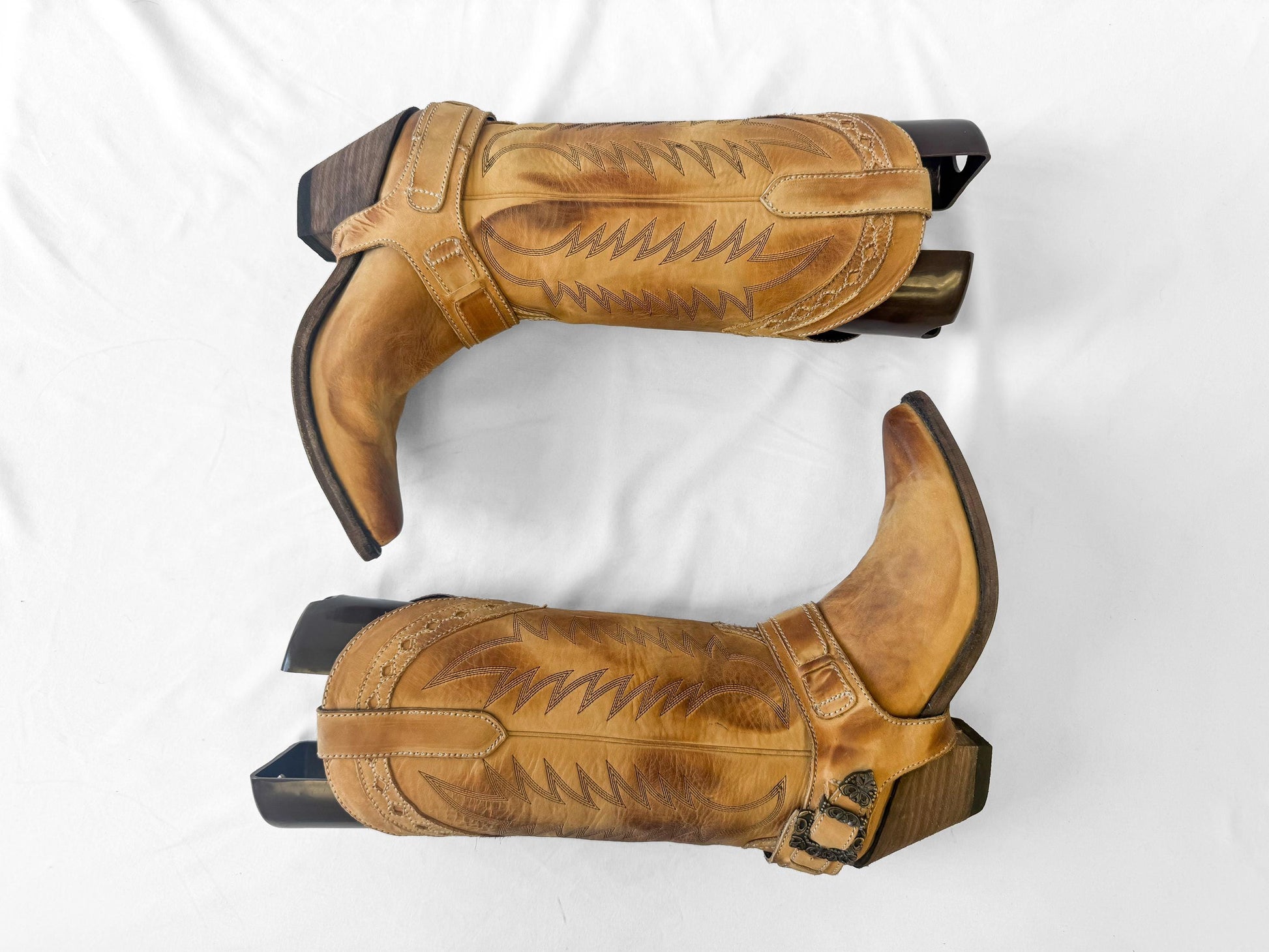 Vintage Old Gringo Tan Camel Buckle Leather Embroidered Cowboy Boots, Women's Sz. 7.5B, Vintage Western Festival Cowgirl Boots
