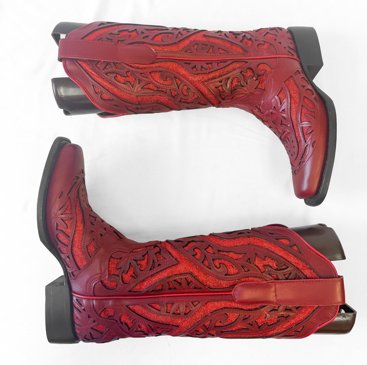 Vintage Style J.B. Dillon Reserve Red Leather Glitter Inlay Cowboy Boots, Women's Sz. 6.5B, Unique Statement Western Festival Cowgirl Boots
