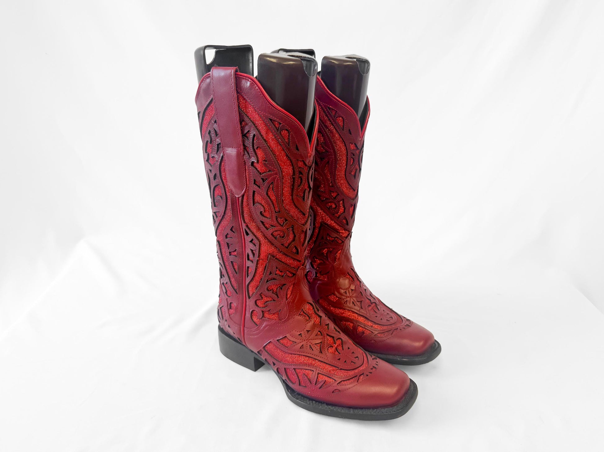 Vintage Style J.B. Dillon Reserve Red Leather Glitter Inlay Cowboy Boots, Women's Sz. 6.5B, Unique Statement Western Festival Cowgirl Boots