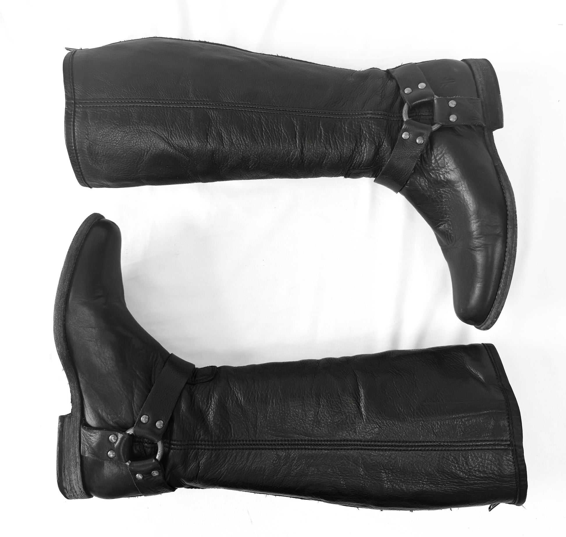 Vintage Frye Black Leather Harness Knee High Boots, Women's Sz. 9B