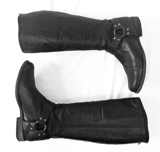 Vintage Frye Black Leather Harness Knee High Boots, Women's Sz. 9B
