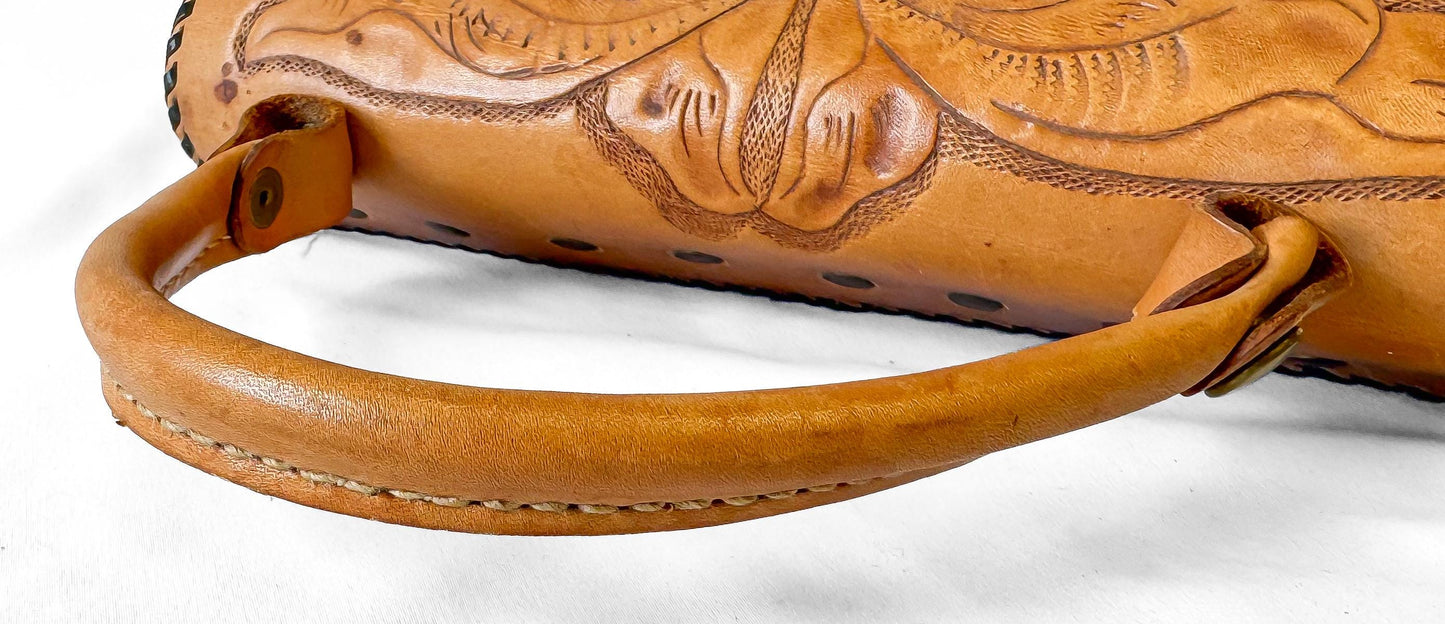 Vintage 70s Handcrafted Floral Tooled Leather Top Handle Handbag, Vintage Western Boho Purse