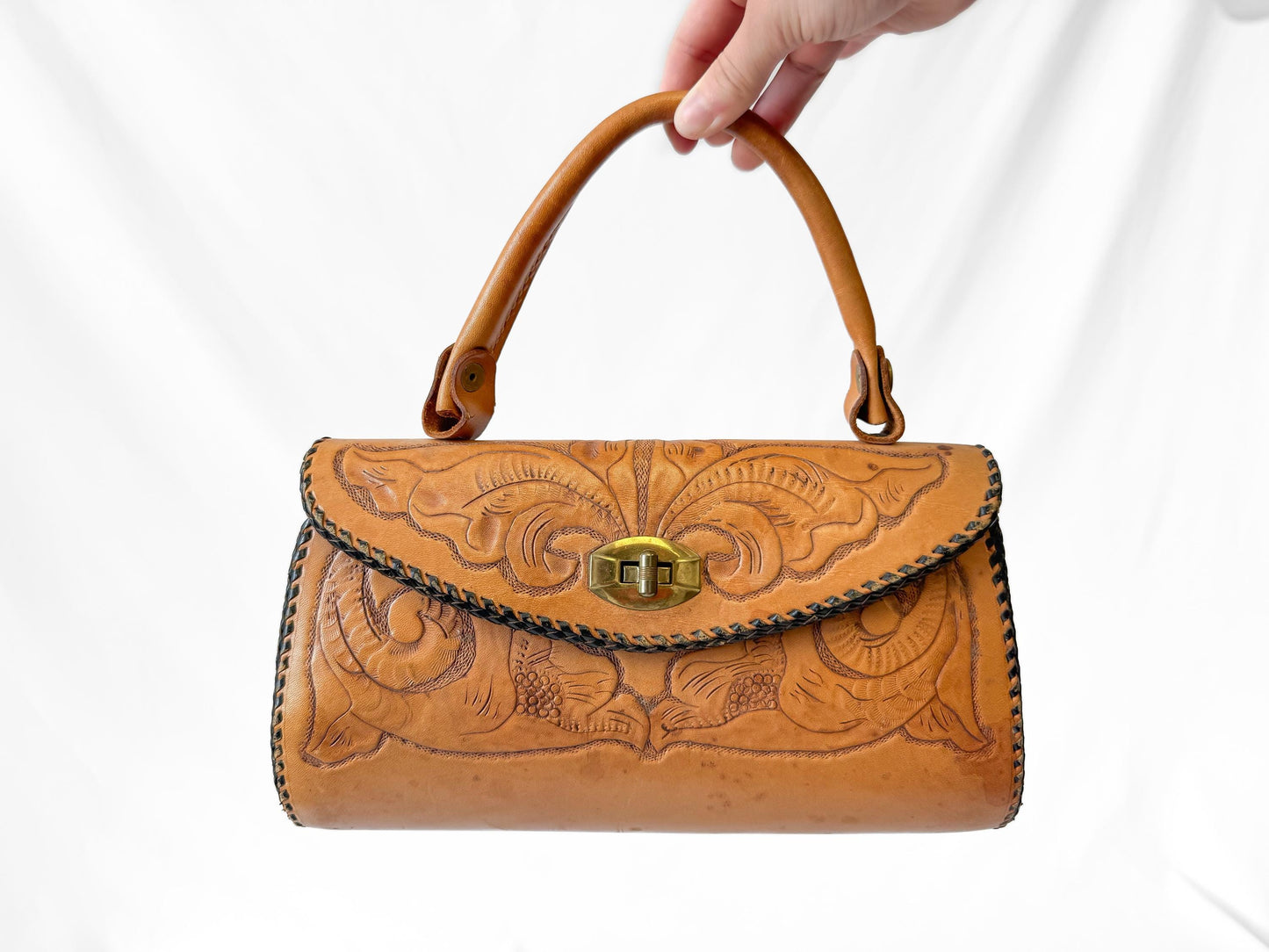Vintage 70s Handcrafted Floral Tooled Leather Top Handle Handbag, Vintage Western Boho Purse