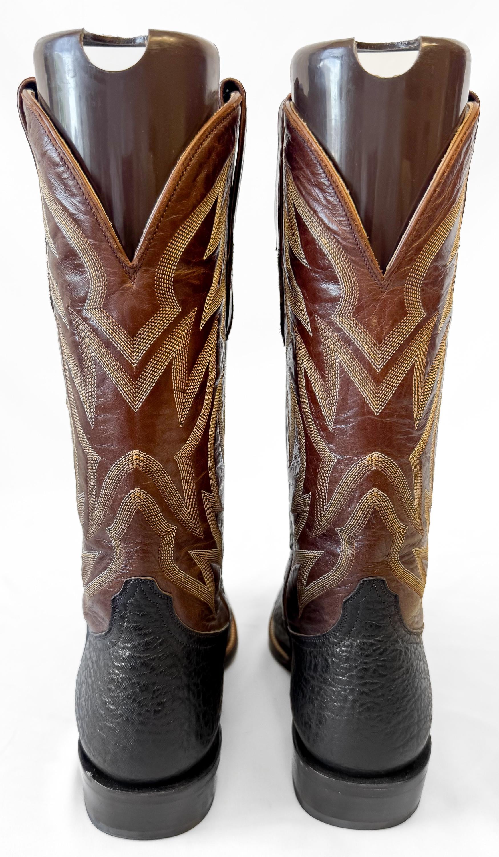 Vintage Leddy Vaquero Black Brown Bullhide Leather Cowboy Boots, Men's Sz. 8.5D, Unique Unisex Festival Western Boots