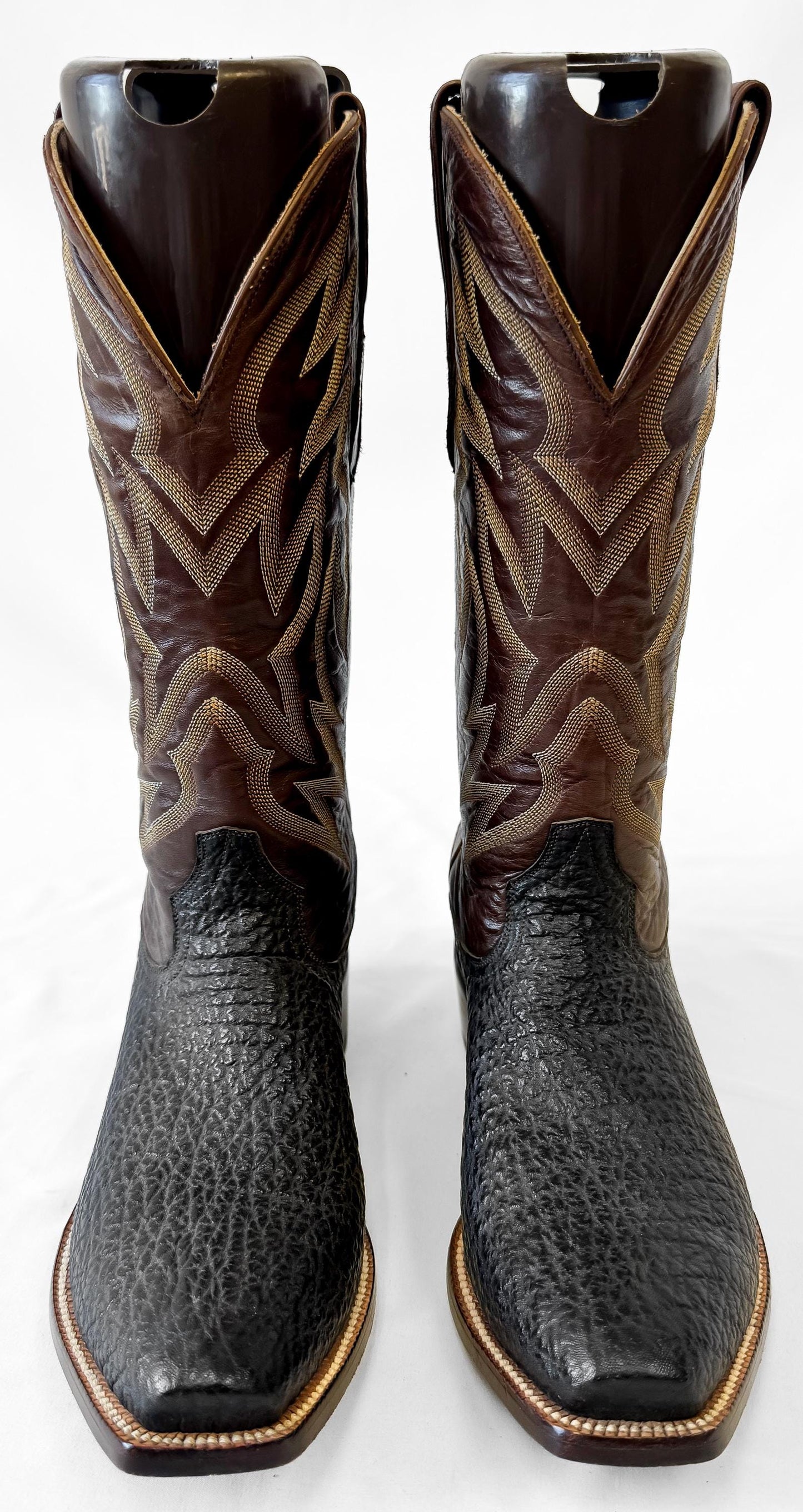 Vintage Leddy Vaquero Black Brown Bullhide Leather Cowboy Boots, Men's Sz. 8.5D, Unique Unisex Festival Western Boots