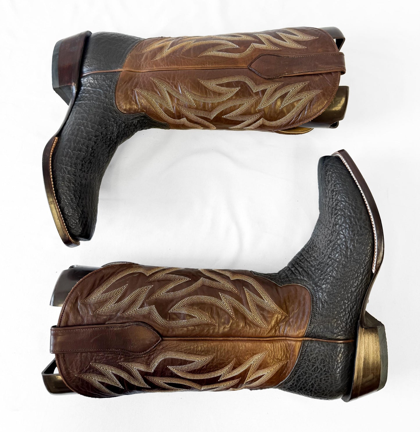 Vintage Leddy Vaquero Black Brown Bullhide Leather Cowboy Boots, Men's Sz. 8.5D, Unique Unisex Festival Western Boots