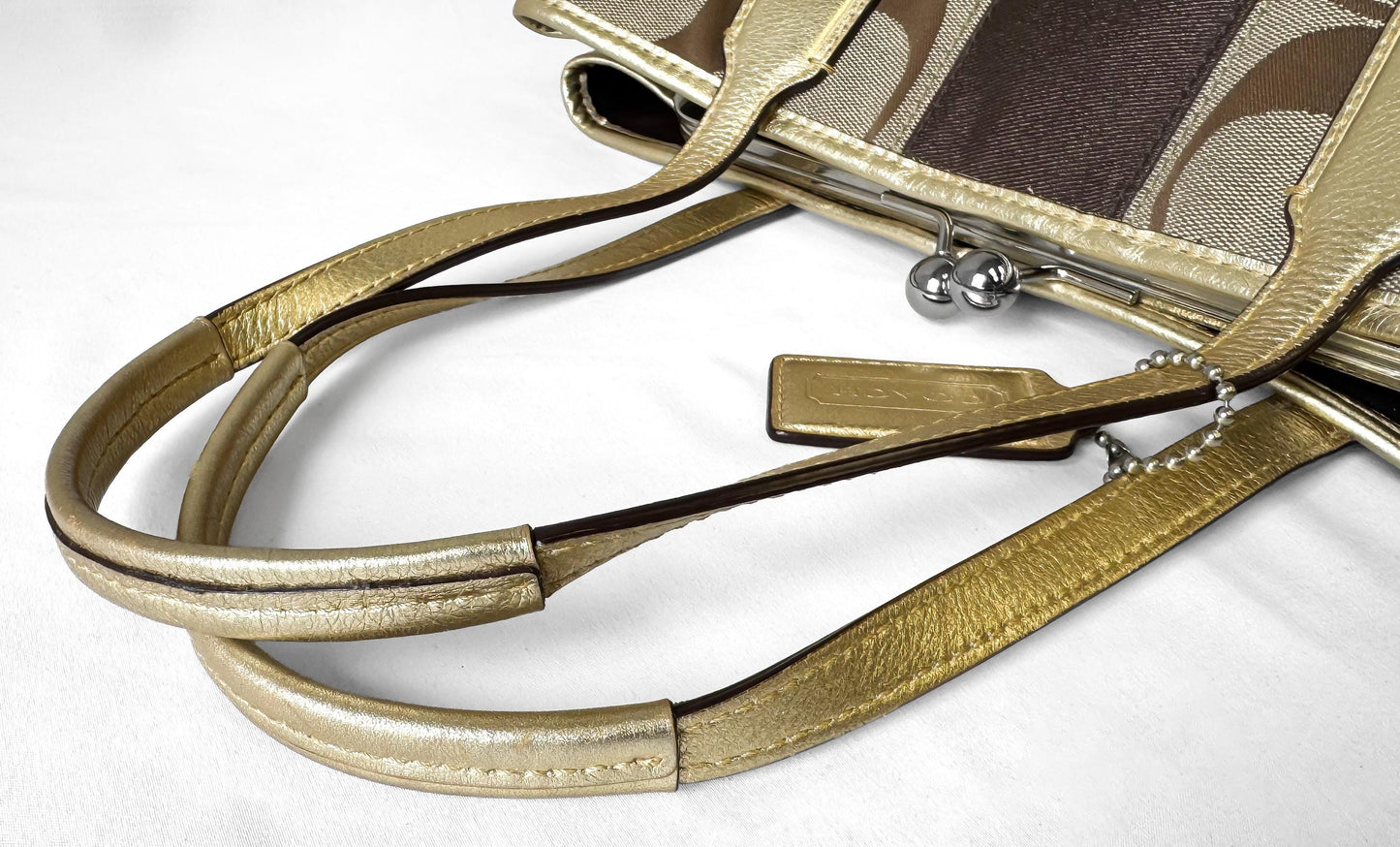 Y2K Coach Signature Kiss Lock Beige Brown Stripe Jacquard Metallic Gold Trim Shoulder Tote Bag, Style 13533