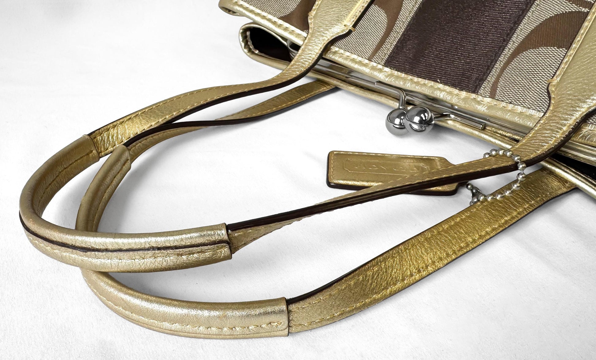 Y2K Coach Signature Kiss Lock Beige Brown Stripe Jacquard Metallic Gold Trim Shoulder Tote Bag, Style 13533