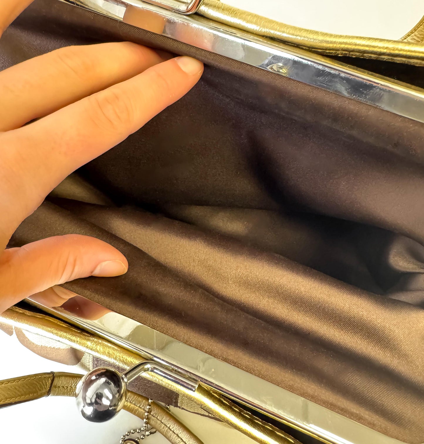 Y2K Coach Signature Kiss Lock Beige Brown Stripe Jacquard Metallic Gold Trim Shoulder Tote Bag, Style 13533