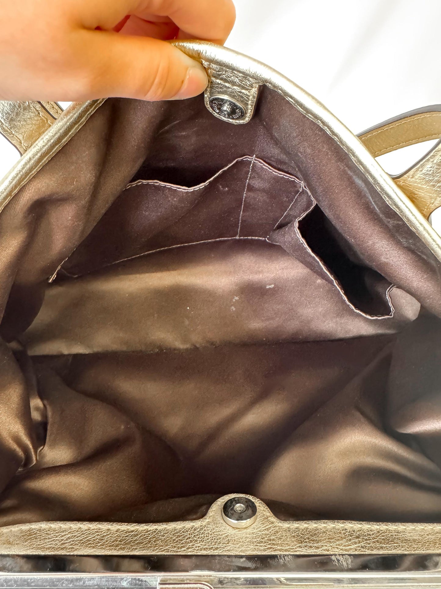 Y2K Coach Signature Kiss Lock Beige Brown Stripe Jacquard Metallic Gold Trim Shoulder Tote Bag, Style 13533
