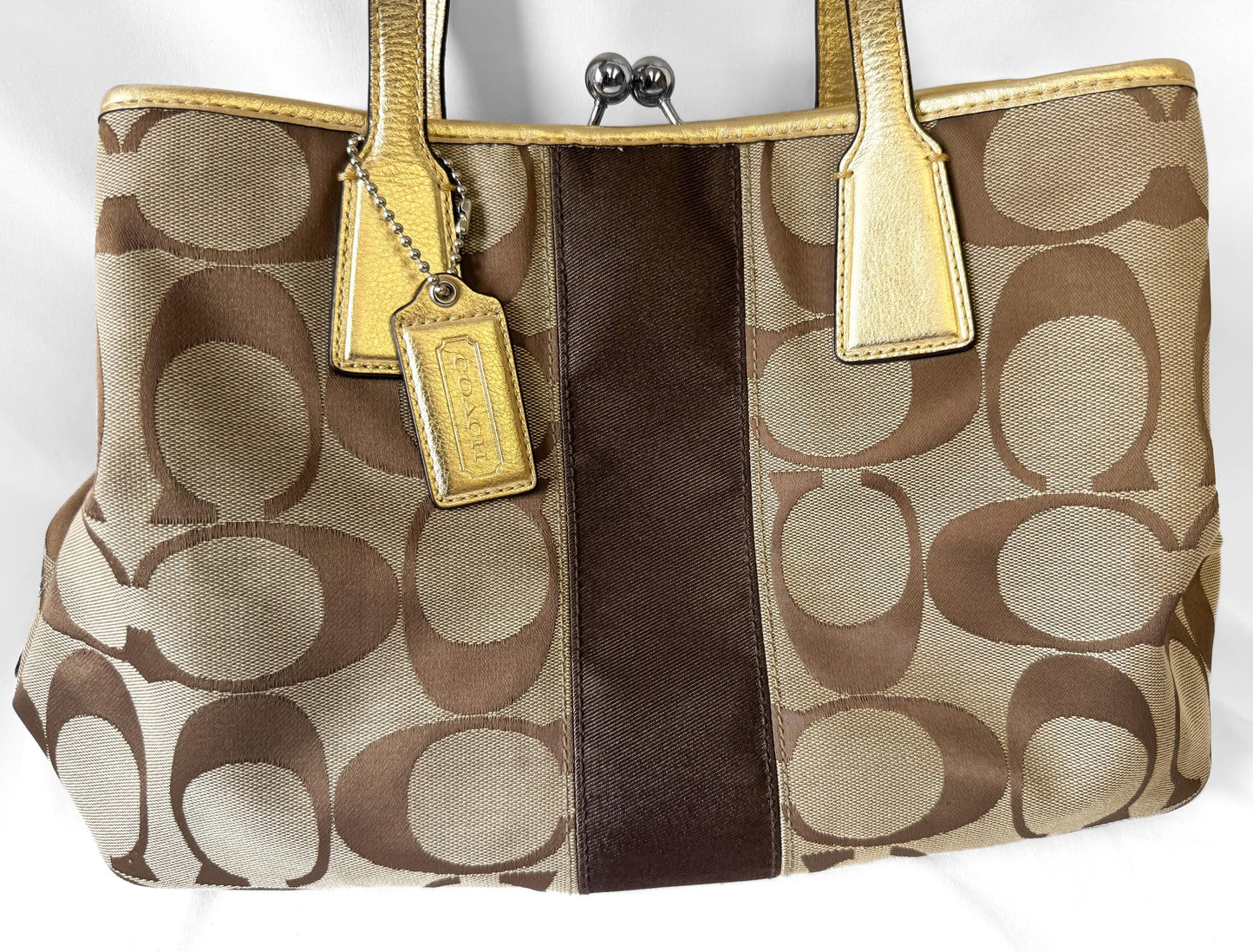Y2K Coach Signature Kiss Lock Beige Brown Stripe Jacquard Metallic Gold Trim Shoulder Tote Bag, Style 13533