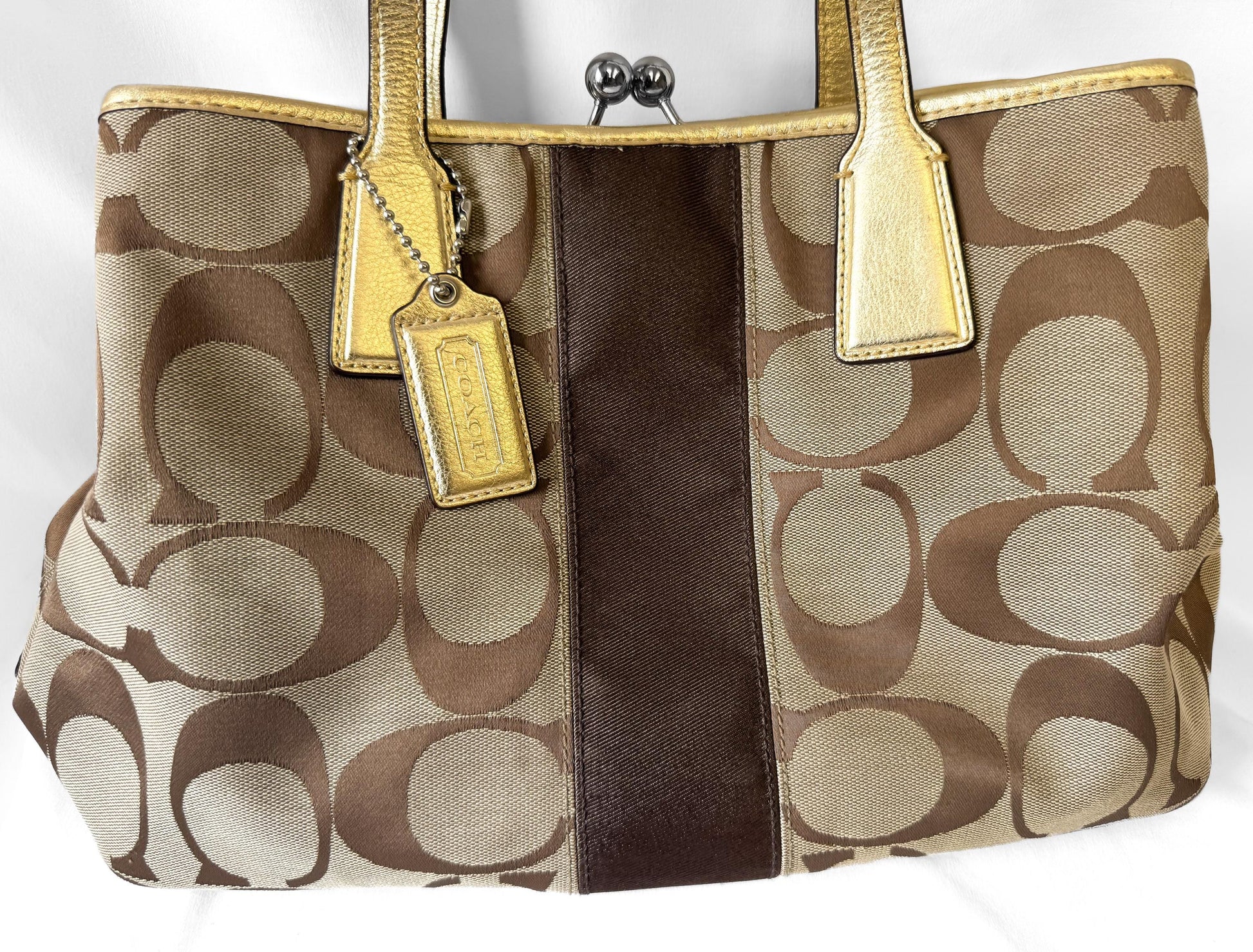 Y2K Coach Signature Kiss Lock Beige Brown Stripe Jacquard Metallic Gold Trim Shoulder Tote Bag, Style 13533