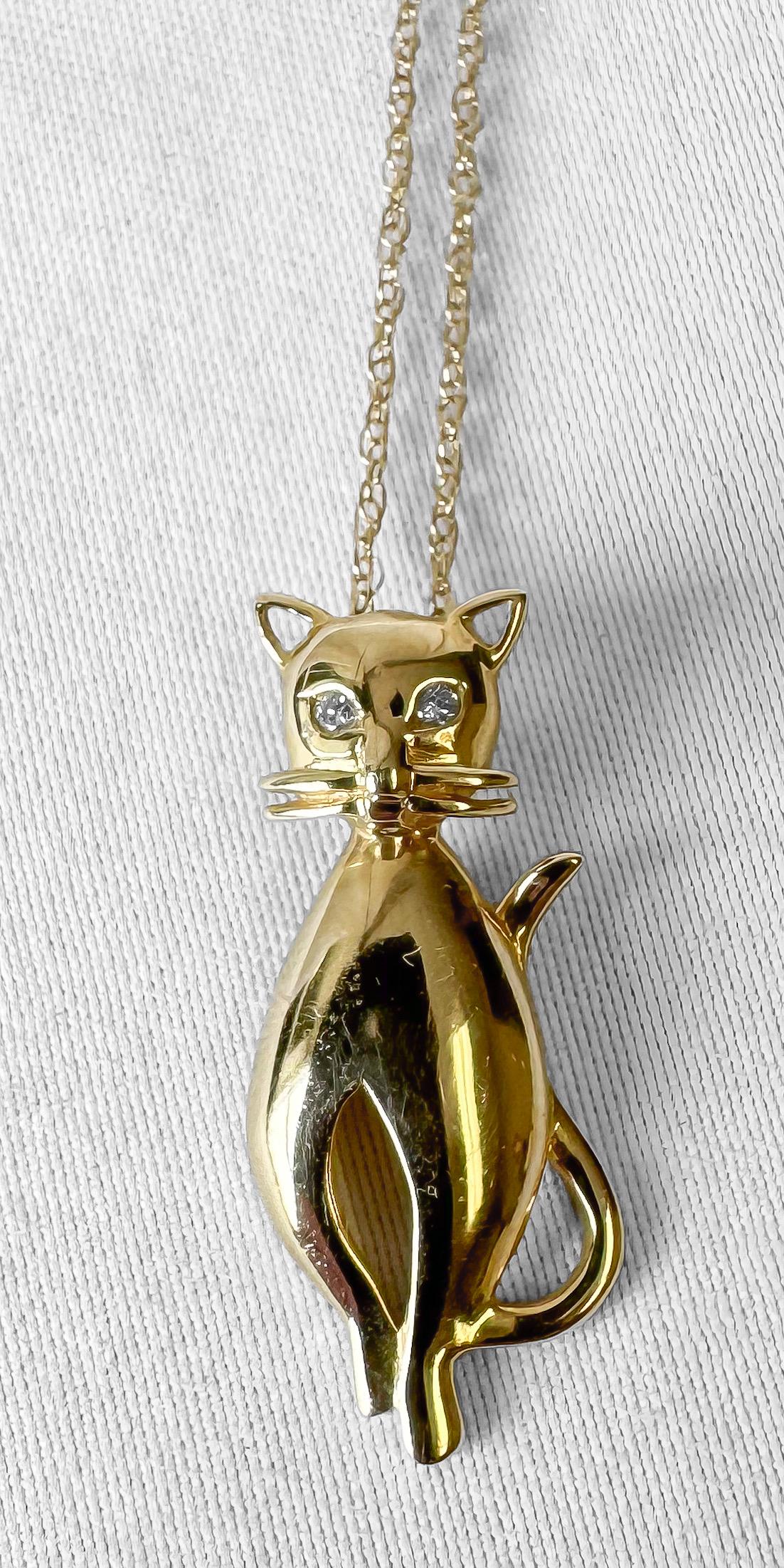 Vintage 14K Yellow Gold Diamond Accent Cat Pendant Necklace 16"