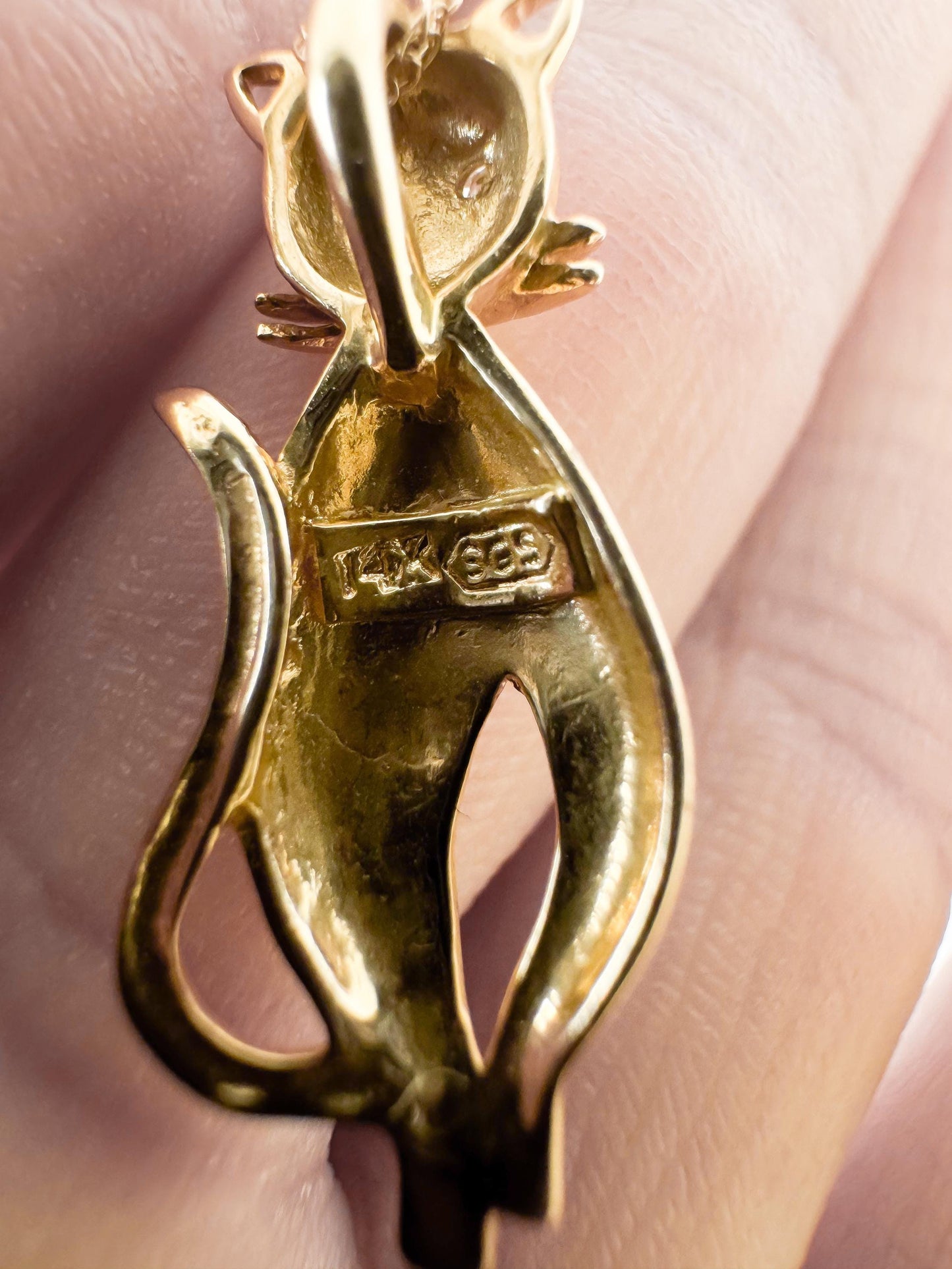 Vintage 14K Yellow Gold Diamond Accent Cat Pendant Necklace 16"