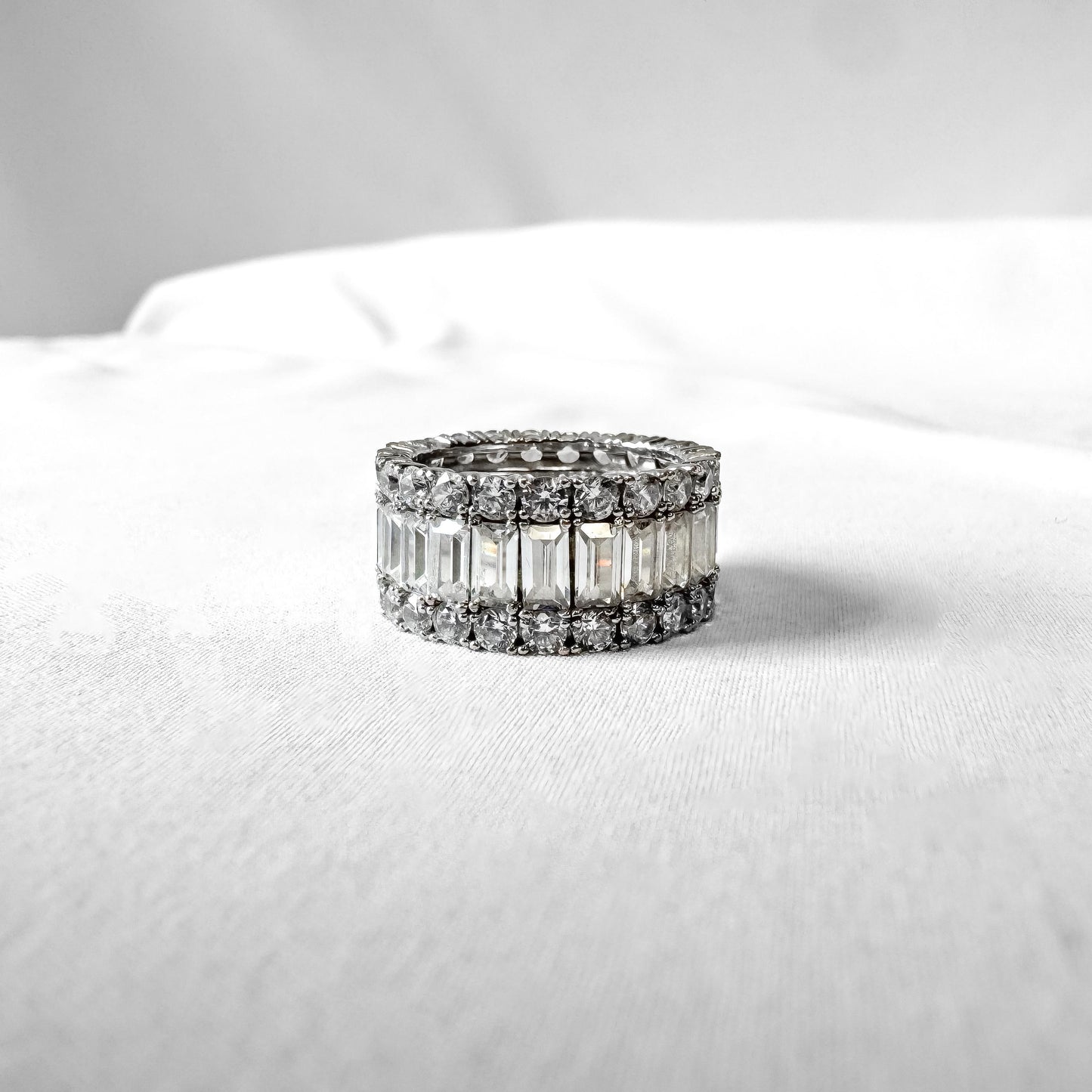 Art Deco Style Crislu 925 Platinum Cubic Zirconia Baguette Eternity Band Ring, Sz. 8