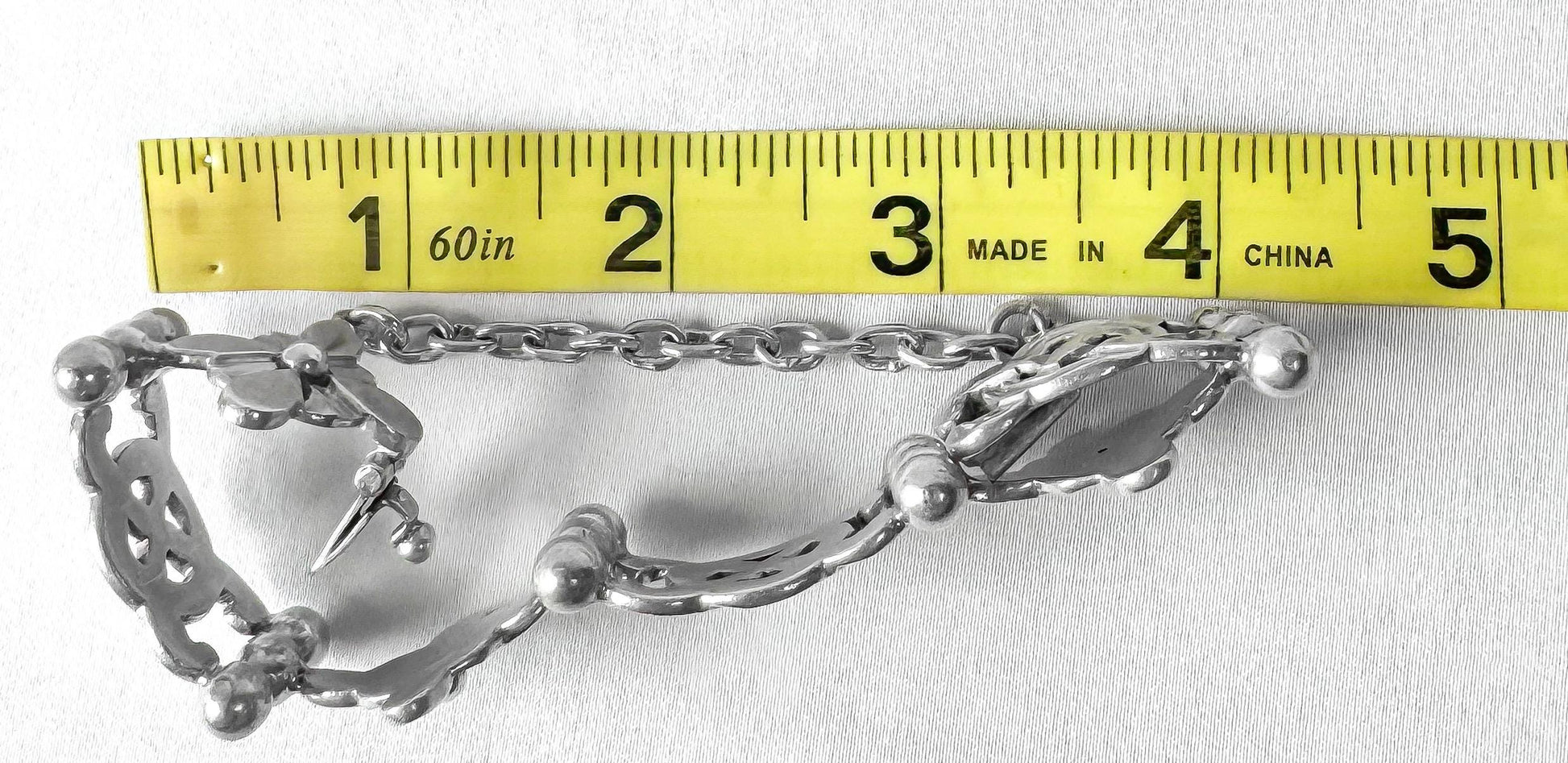 Vintage Maximilian Mondragon .980 Silver Taxco Mexico Floral Abstract Panel Link Bracelet, 8 Inches, Boho Style Unisex Bracelet