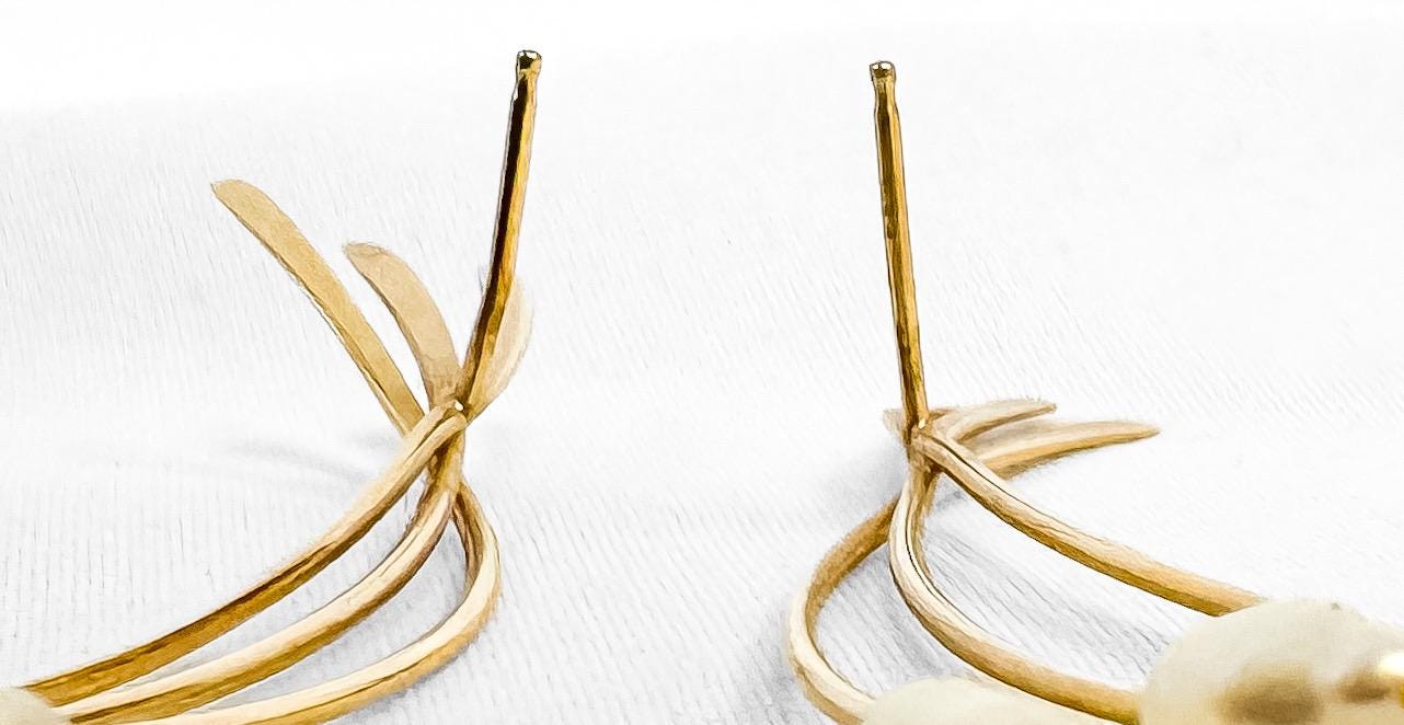Vintage 14K Freshwater Pearl Rod Dangle Stud Earrings, Unique Simple Dainty Bridal Coastal Earrings