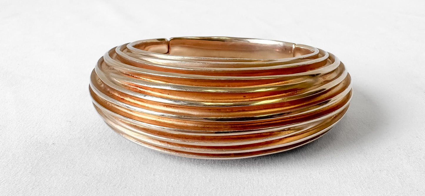 Vintage JCM 925 Copper Rose Gold Toned Wave Ribbed Tapered Bangle Bracelet, 7.5 Inches, Unique Statement Minimalist Bracelet