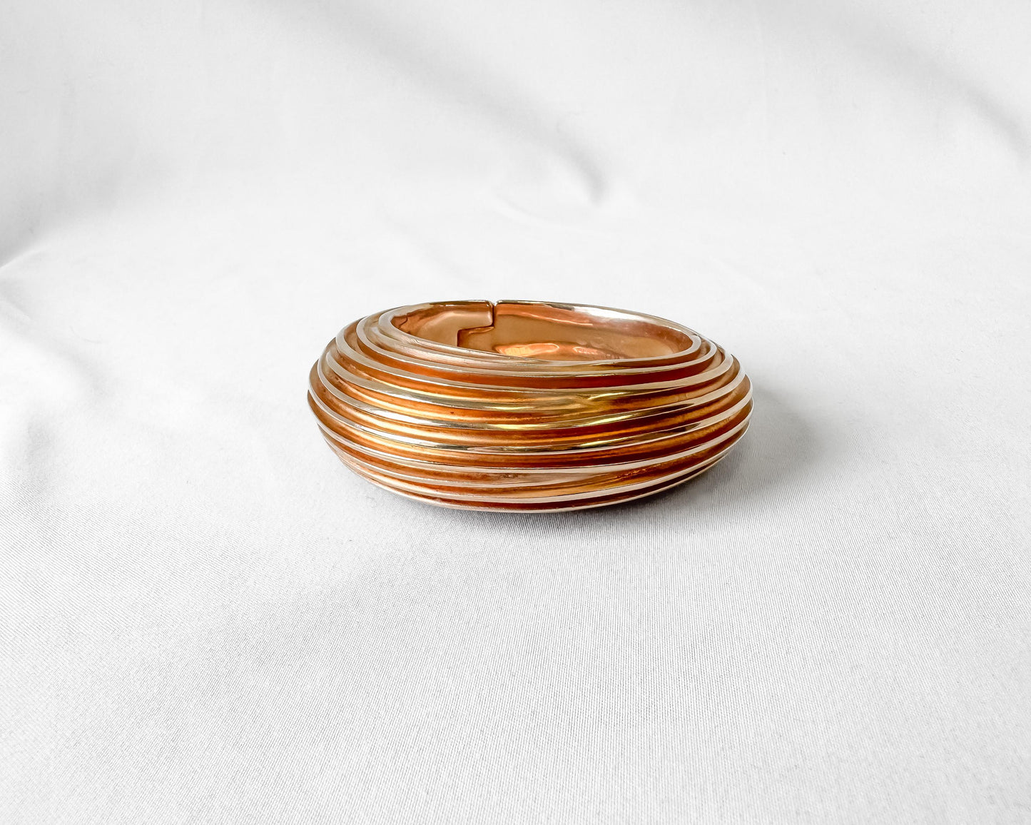 Vintage JCM 925 Copper Rose Gold Toned Wave Ribbed Tapered Bangle Bracelet, 7.5 Inches, Unique Statement Minimalist Bracelet