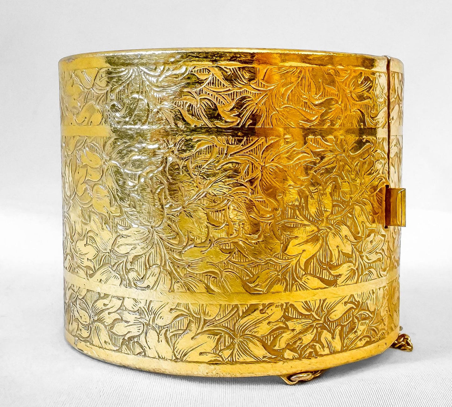Vintage Miriam Haskell Gold Toned Floral Etched Thick Hinged Cuff Bangle