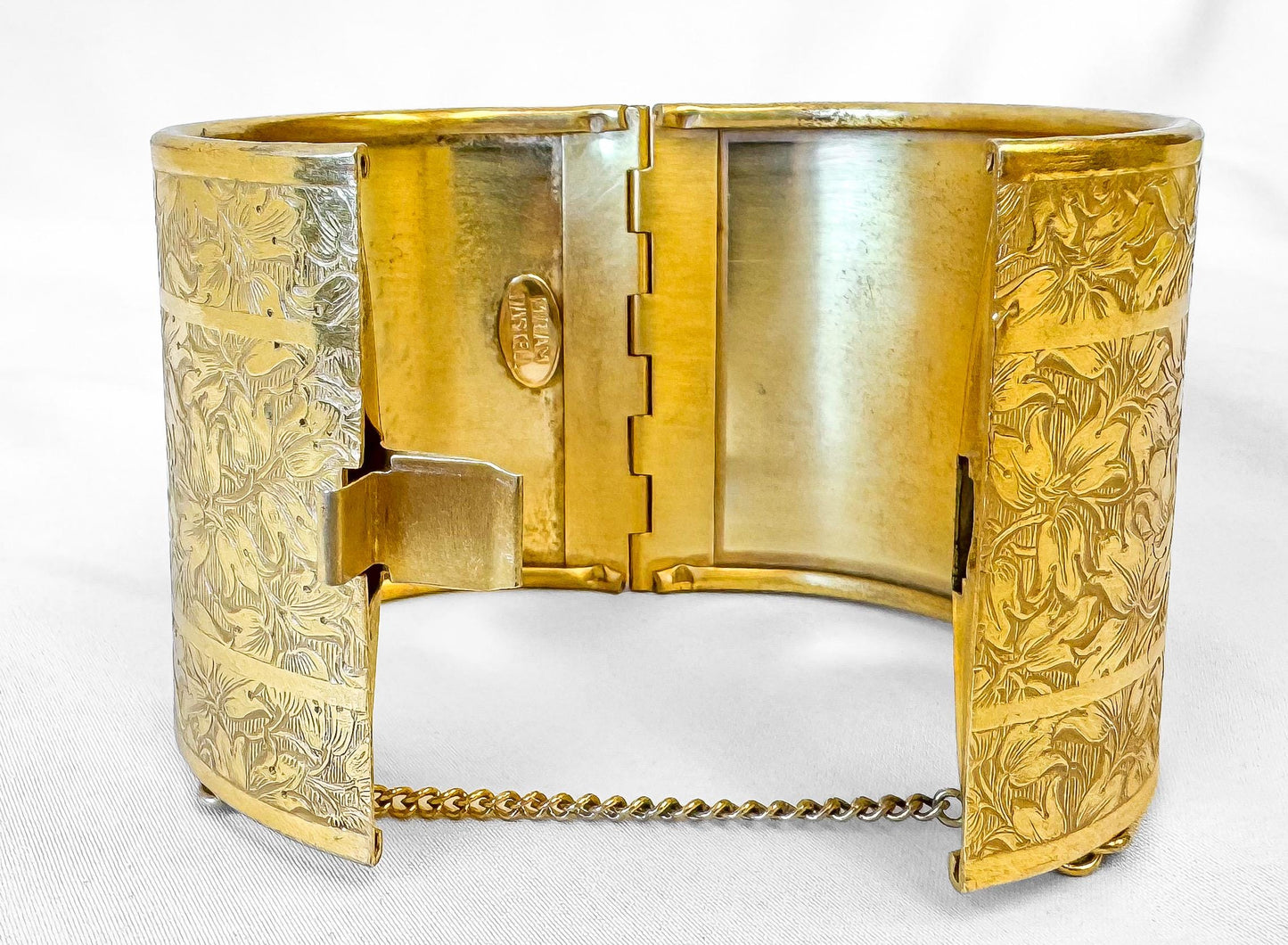 Vintage Miriam Haskell Gold Toned Floral Etched Thick Hinged Cuff Bangle