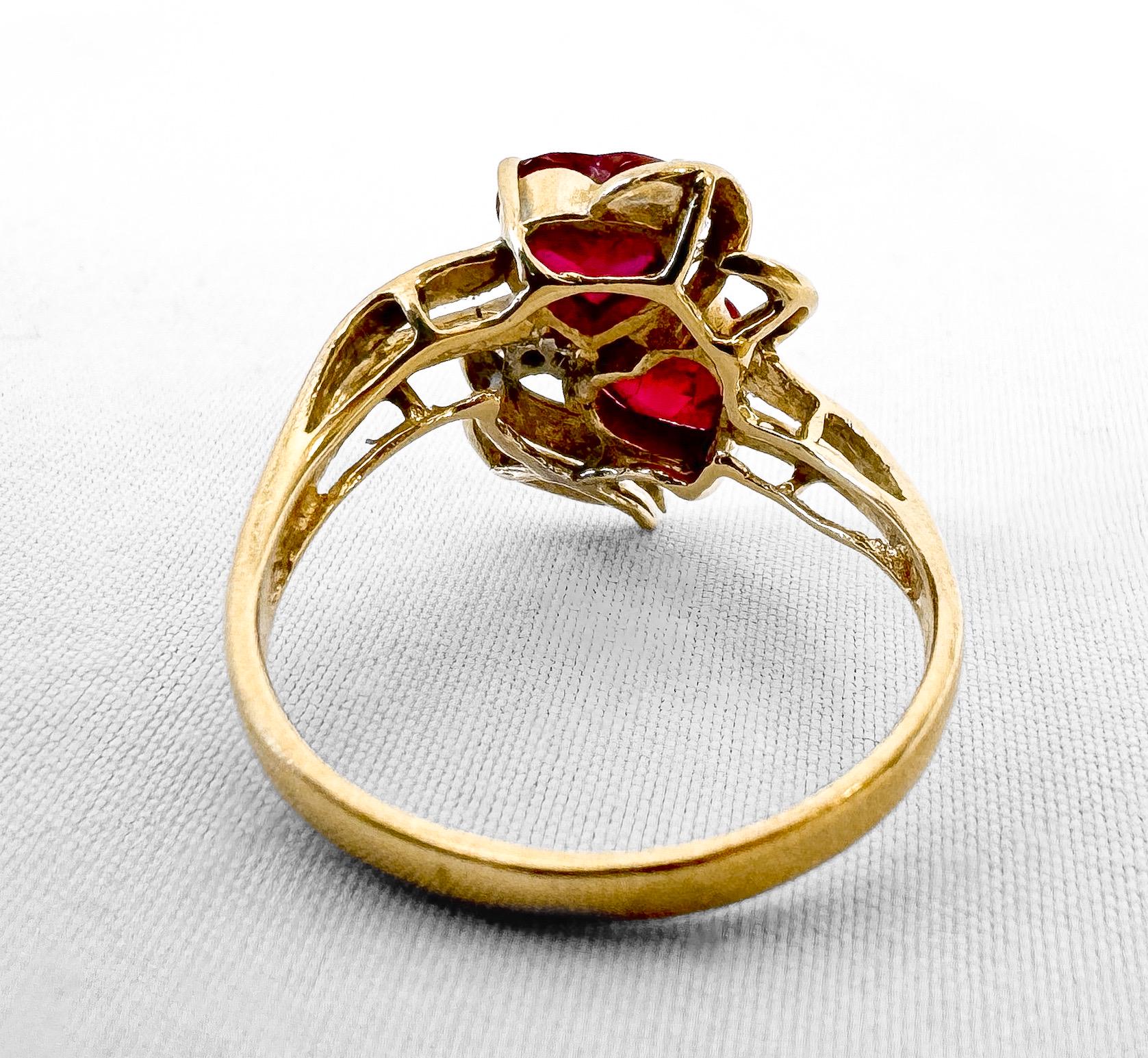 Vintage 10K Yellow Gold Ruby Diamond Accent Double Heart Ring, Size 7