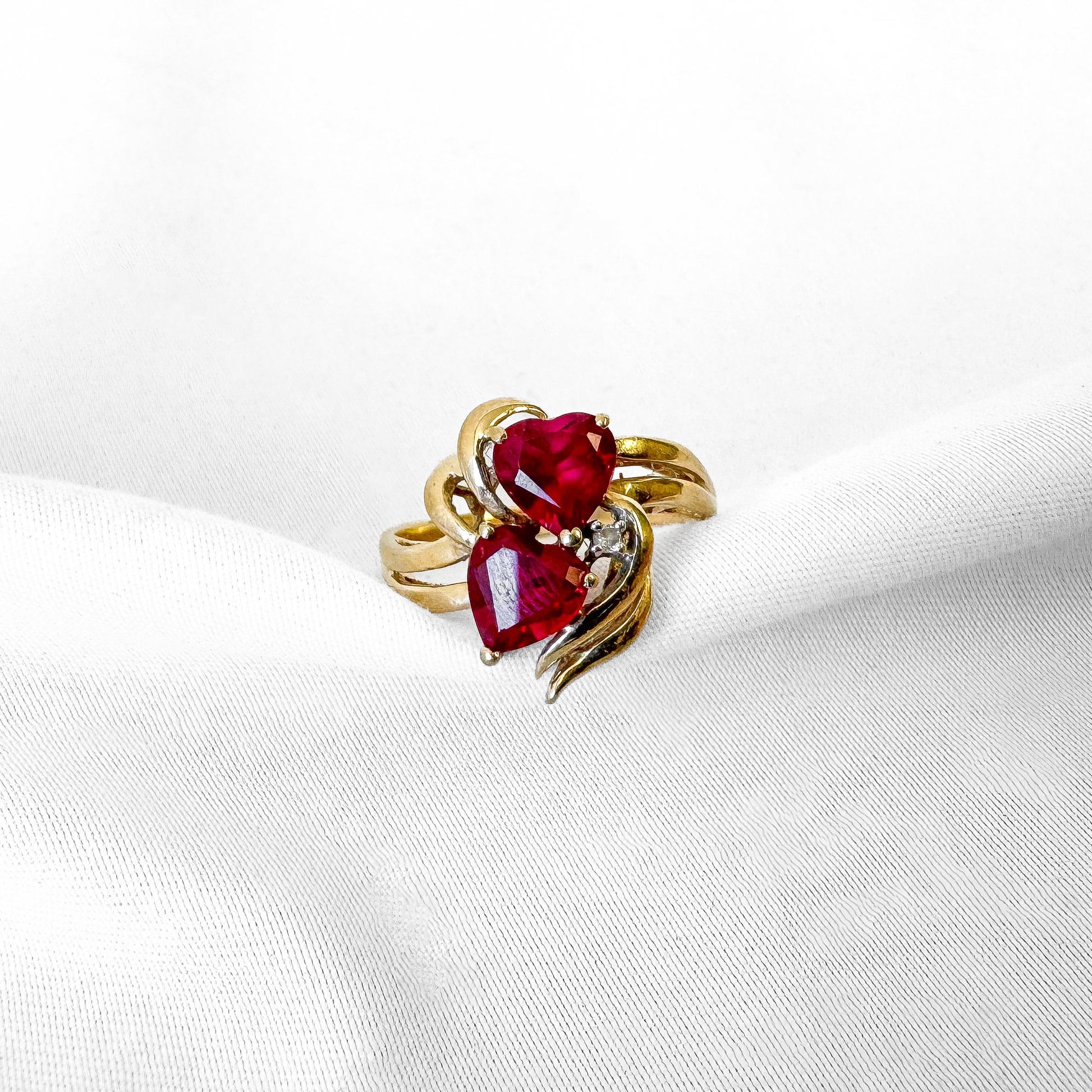Vintage 10K Yellow Gold Ruby Diamond Accent Double Heart Ring, Size 7
