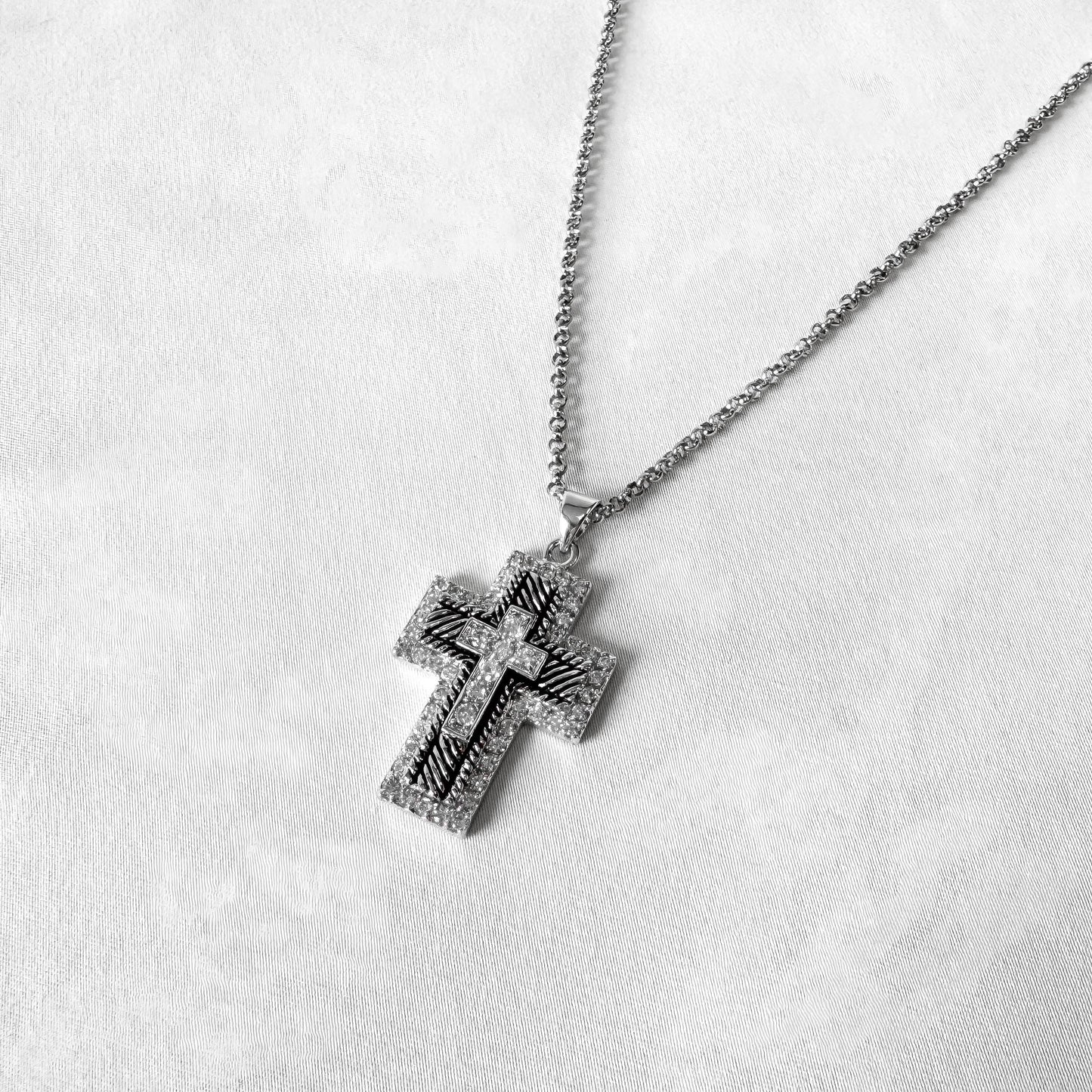 Montana Silversmiths Etched Rhinestone Large Cross Necklace, Western Emo Goth Statement Necklace