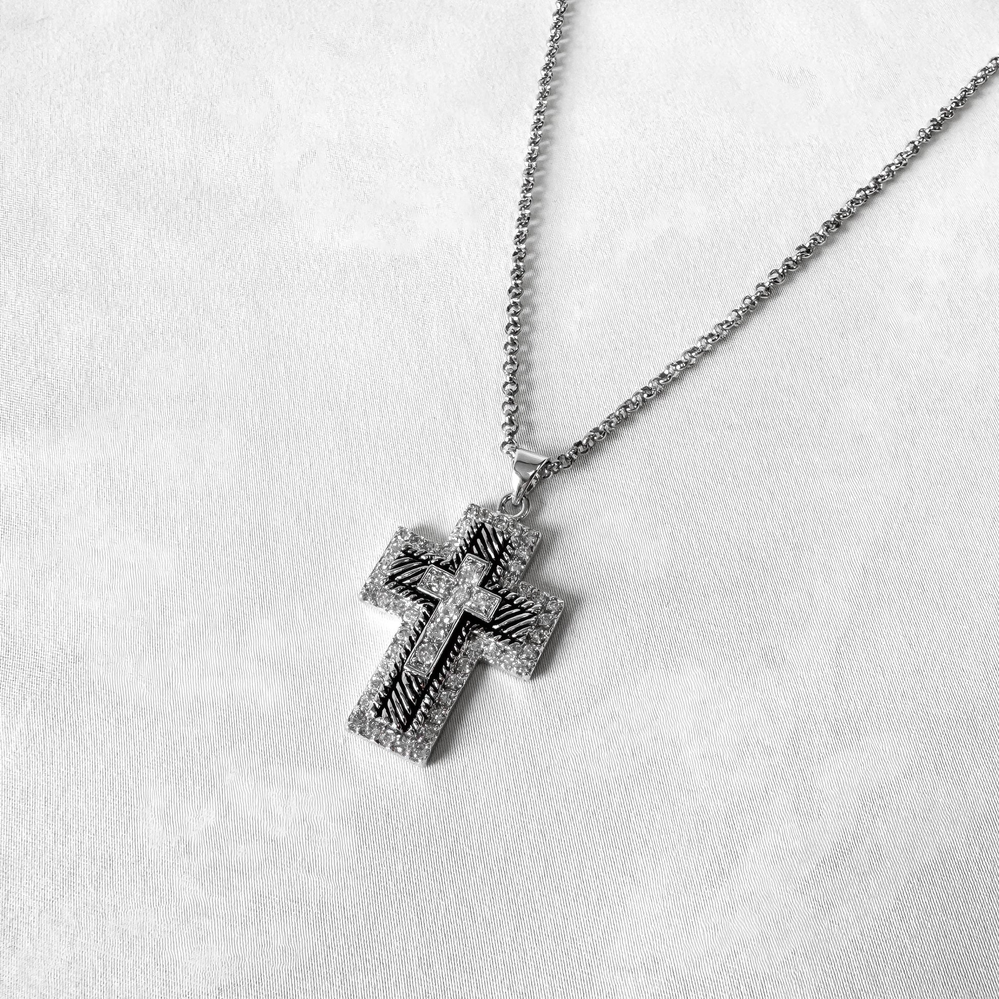 Montana Silversmiths Etched Rhinestone Large Cross Necklace, Western Emo Goth Statement Necklace