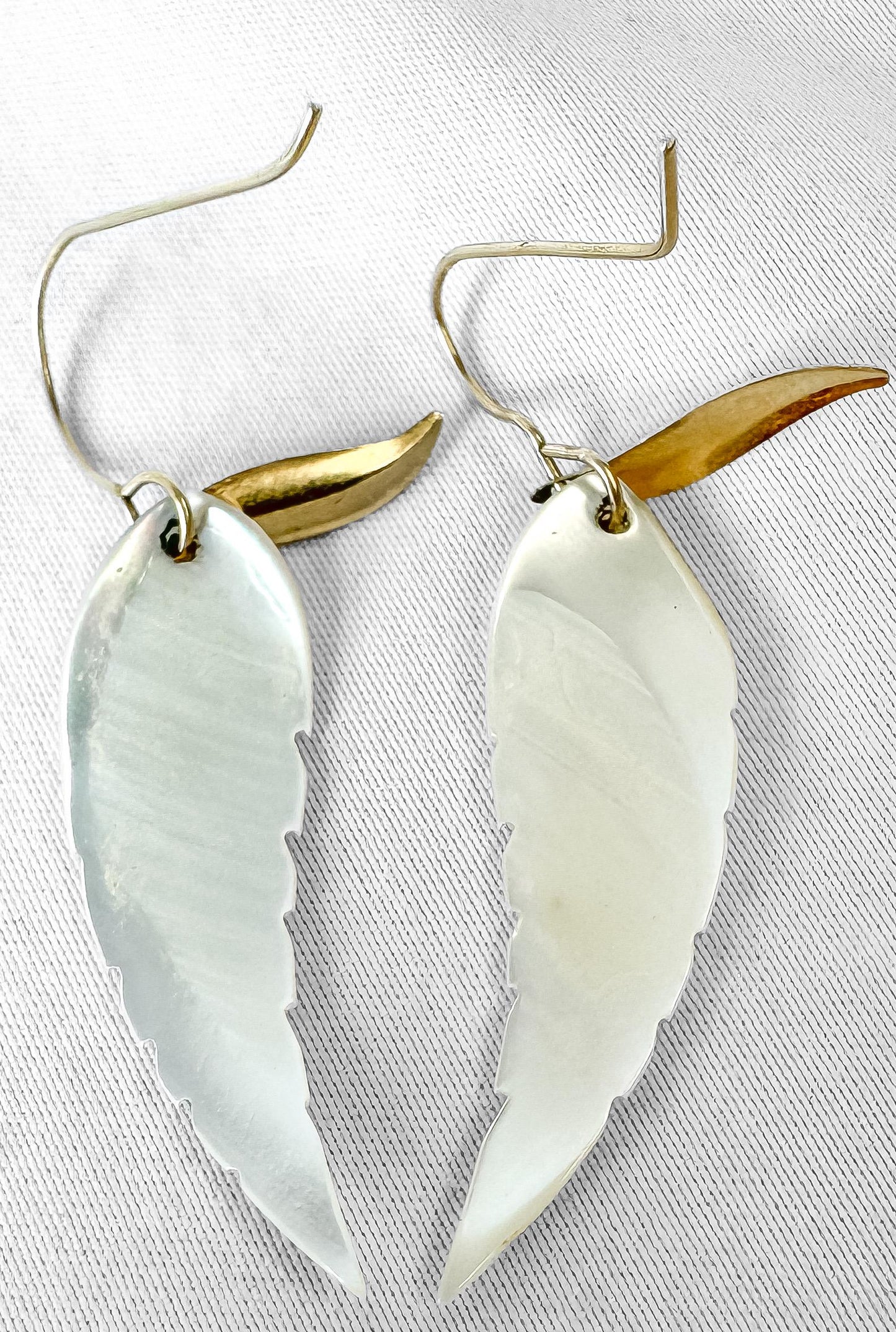 14K Mother of Pearl Angel Wings Feather Diamont Cut Dangle Earrings